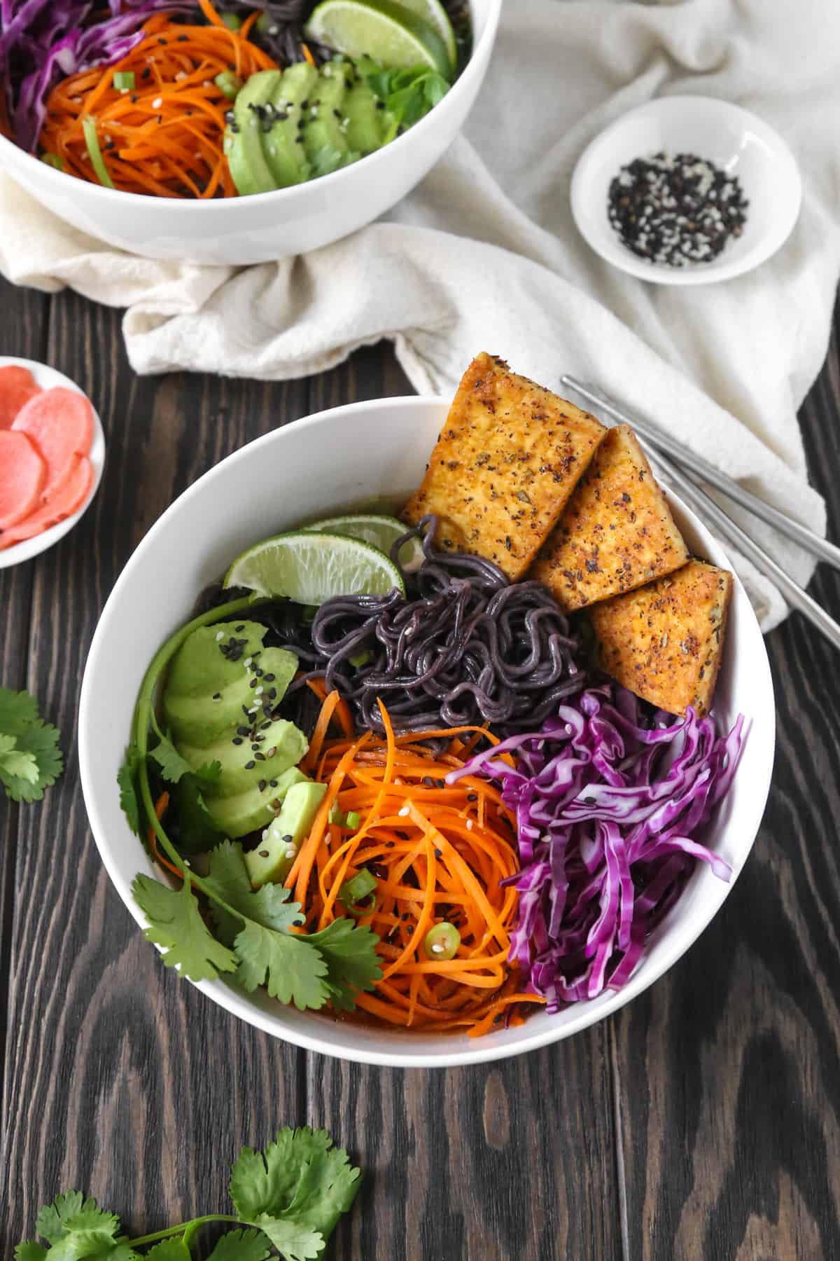 Bowl of ramen noodles, veggies, and tempeh