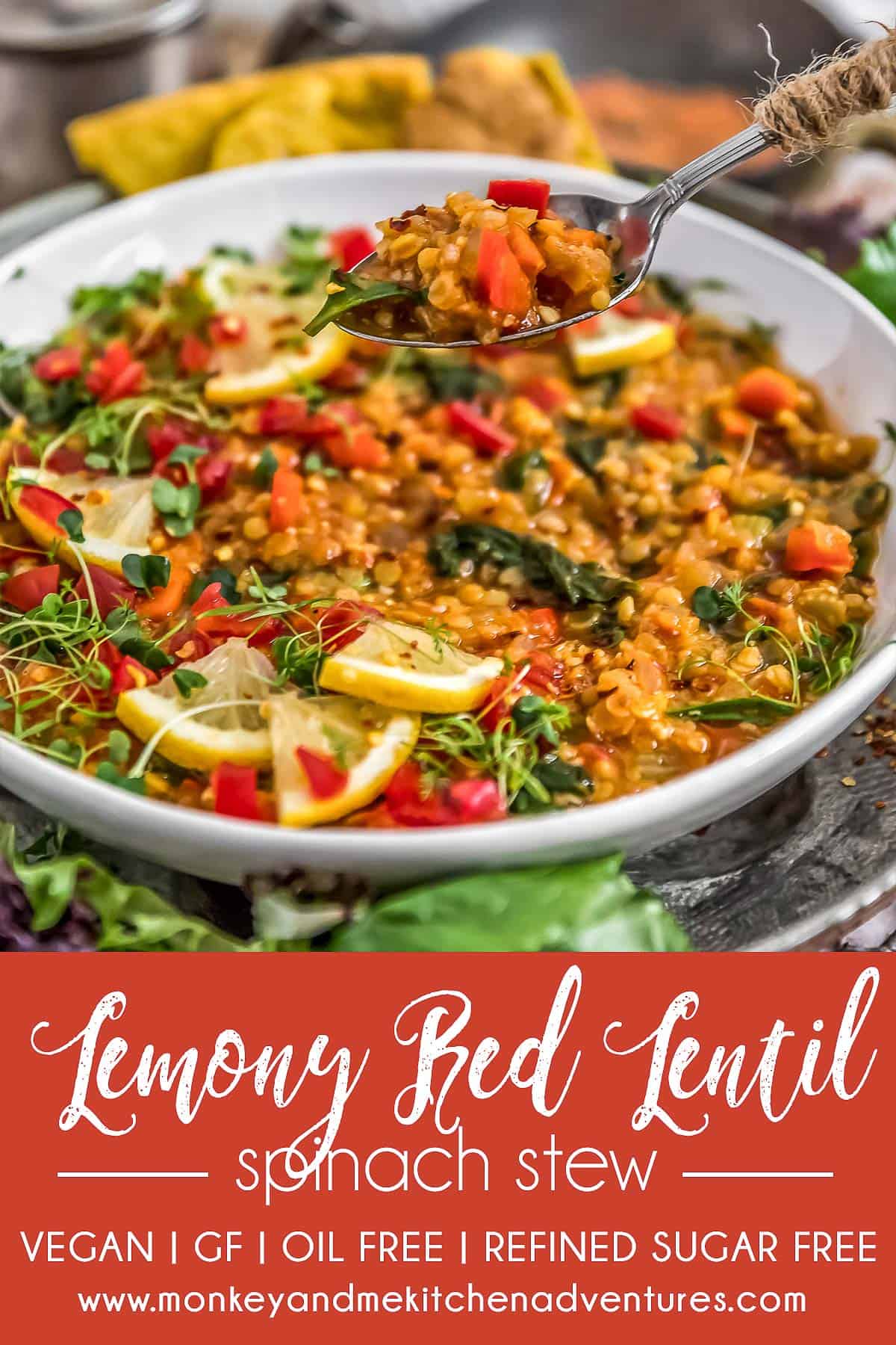Lemony Red Lentil Spinach Stew with text description