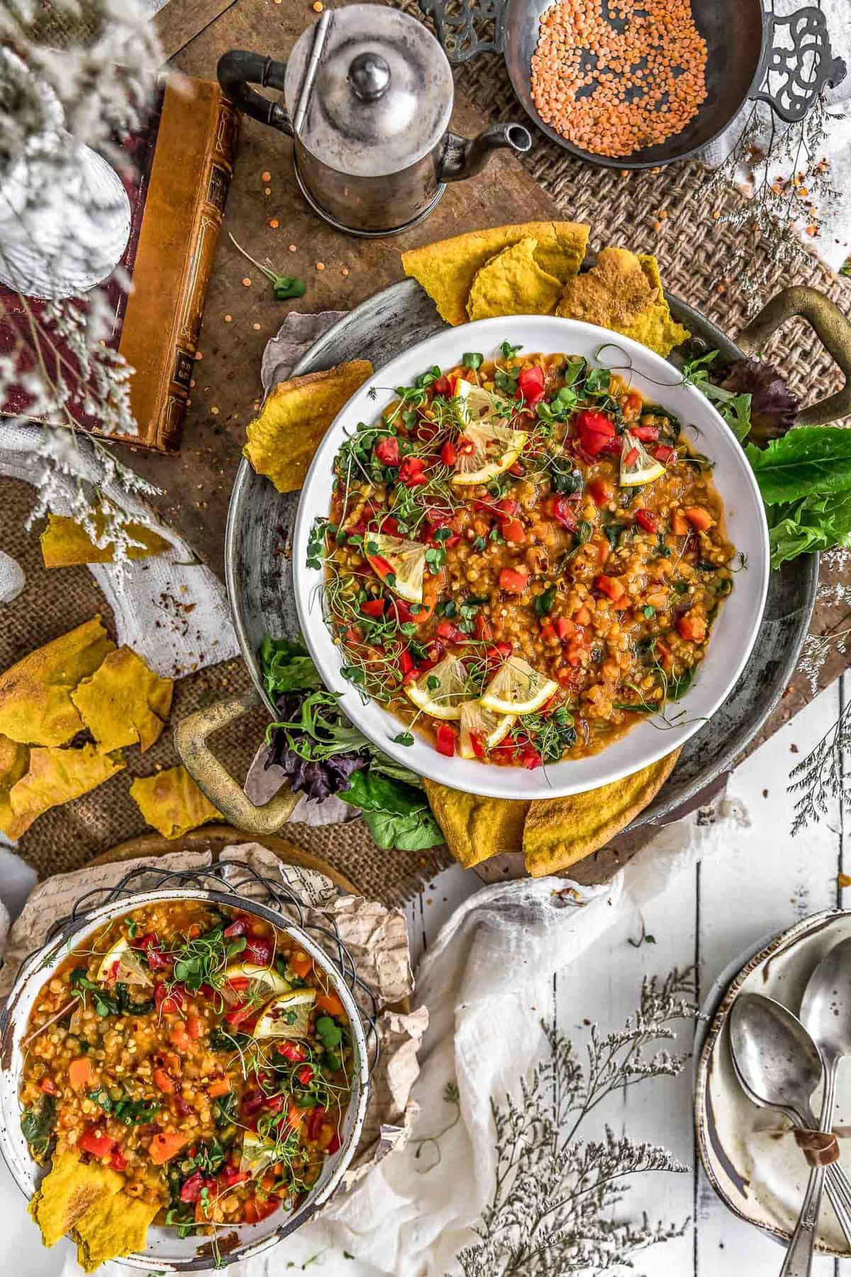 Tablescape of Lemony Red Lentil Spinach Stew
