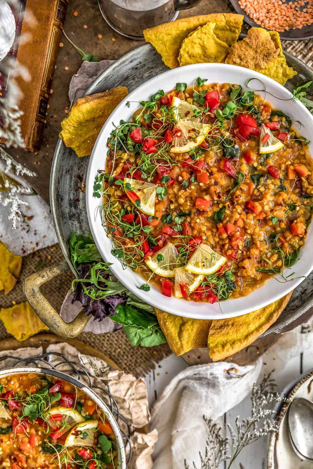 Tablescape of Lemony Red Lentil Spinach Stew