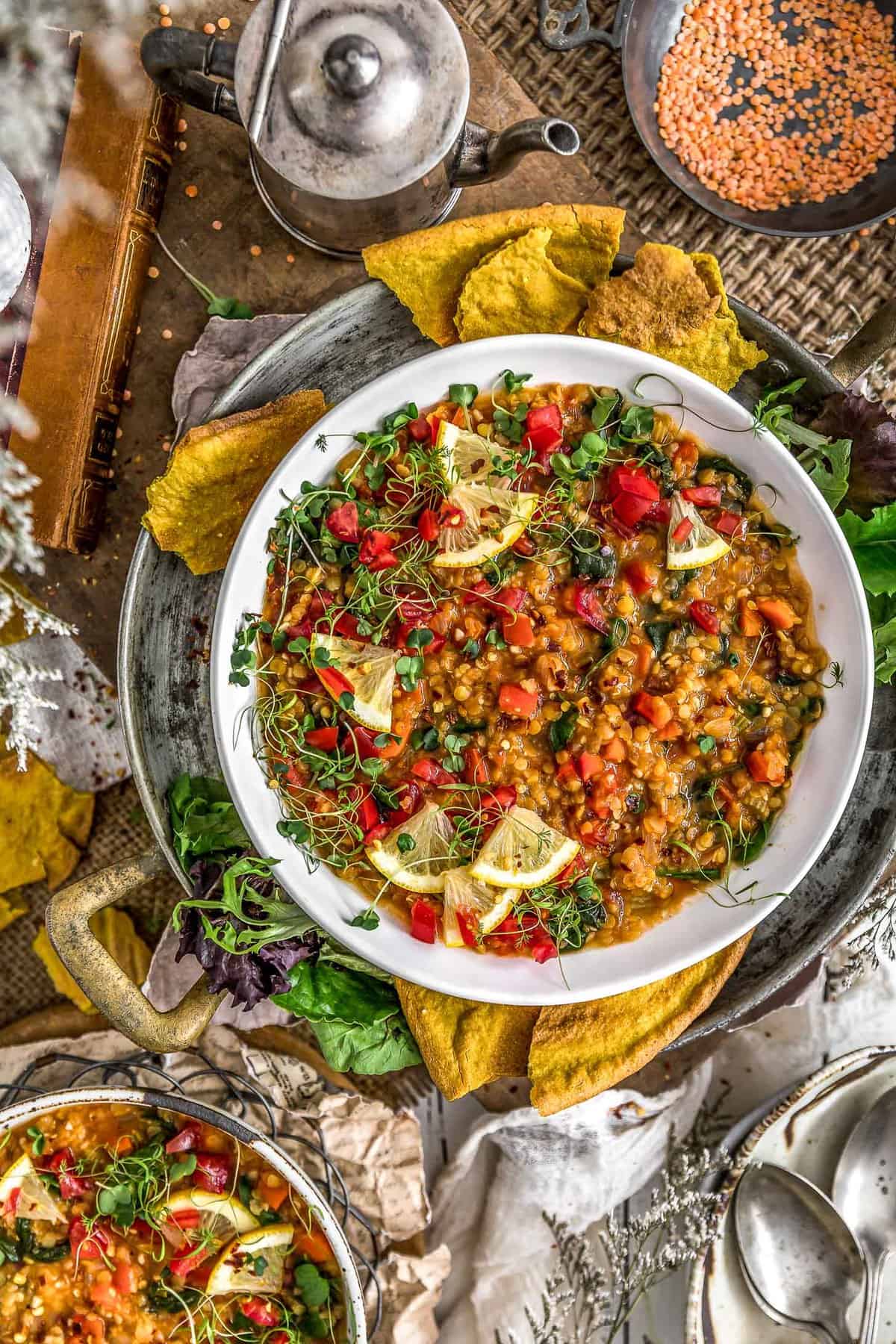 Tablescape of Lemony Red Lentil Spinach Stew