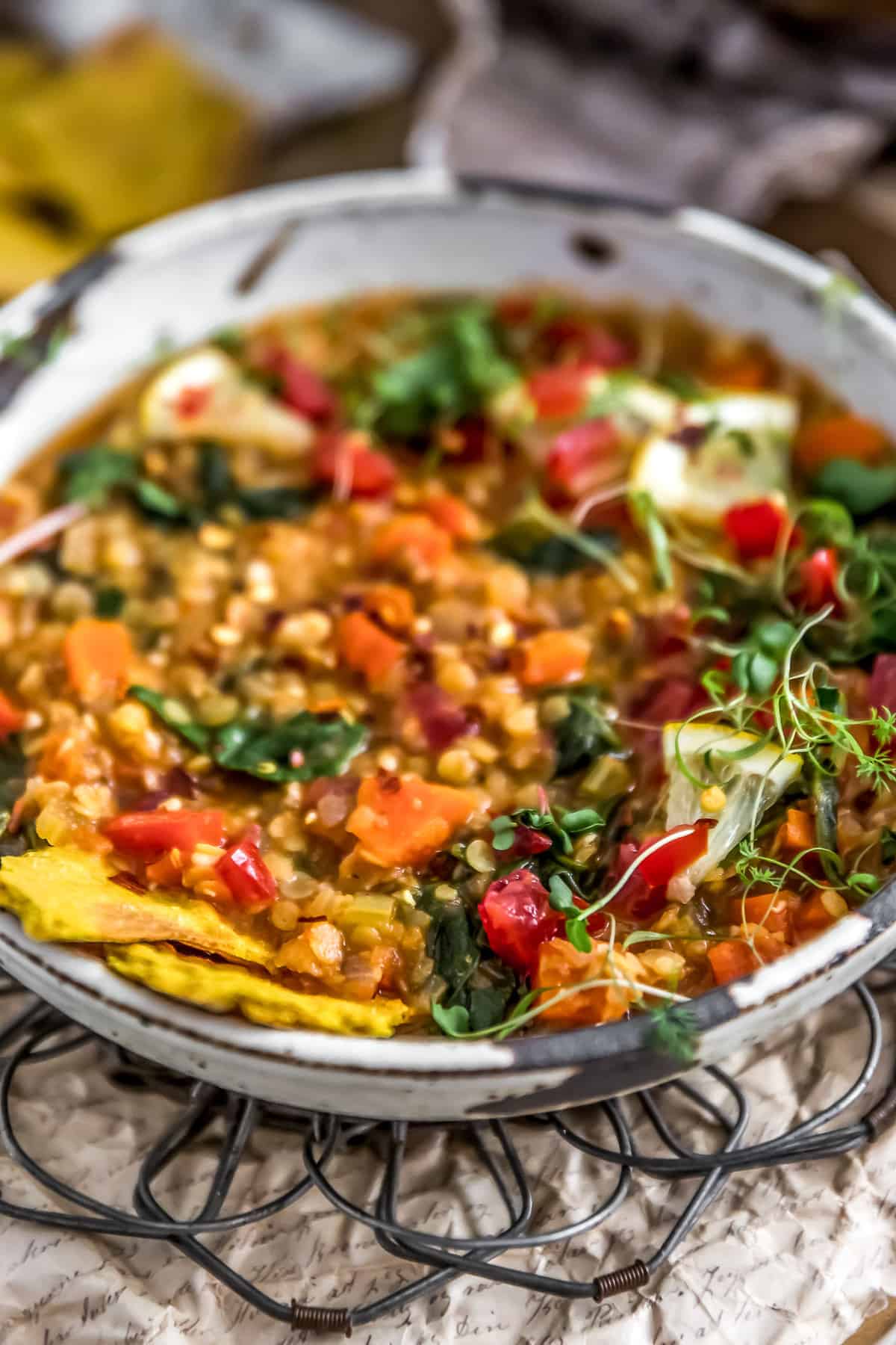 Lemony Red Lentil Spinach Stew in a bowl