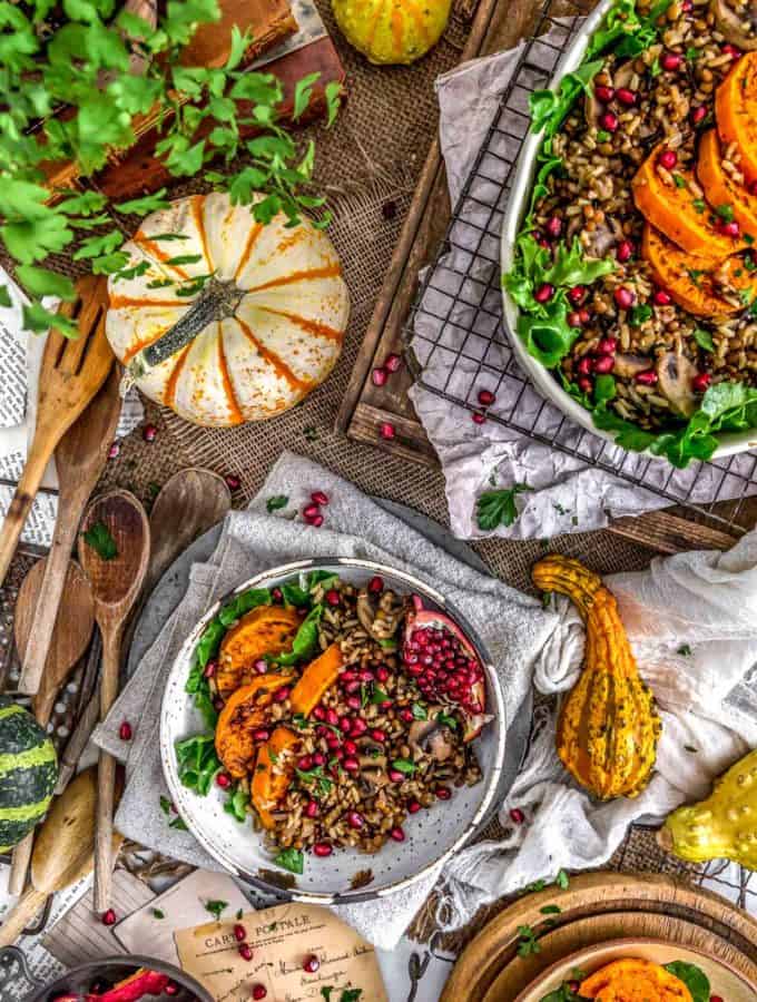 Tablescape of Lentil Mushroom Wild Rice Pilaf