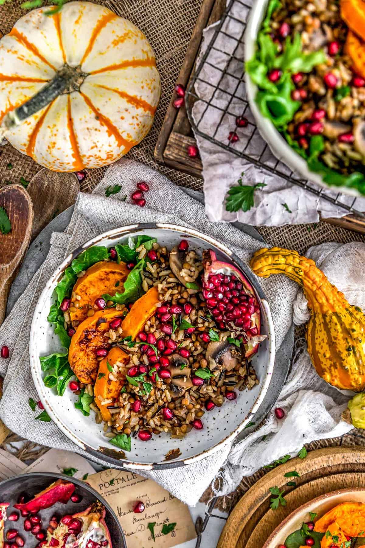 Close up of Lentil Mushroom Wild Rice Pilaf with butternut squash and pomegranate