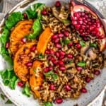 Close up of Lentil Mushroom Wild Rice Pilaf with butternut squash and pomegranate