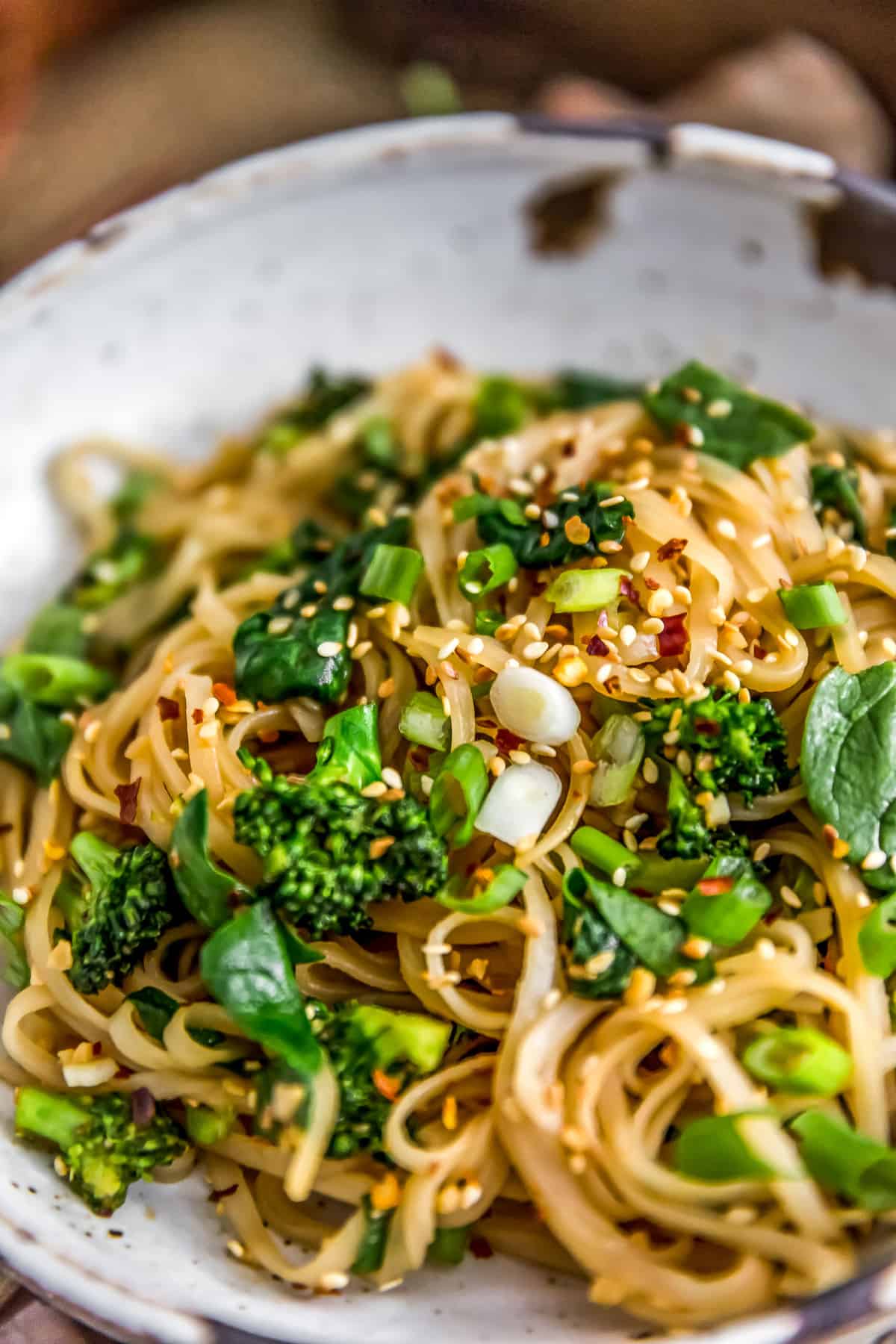 Close up of Oil Free Garlic Sticky Noodles in a bowl