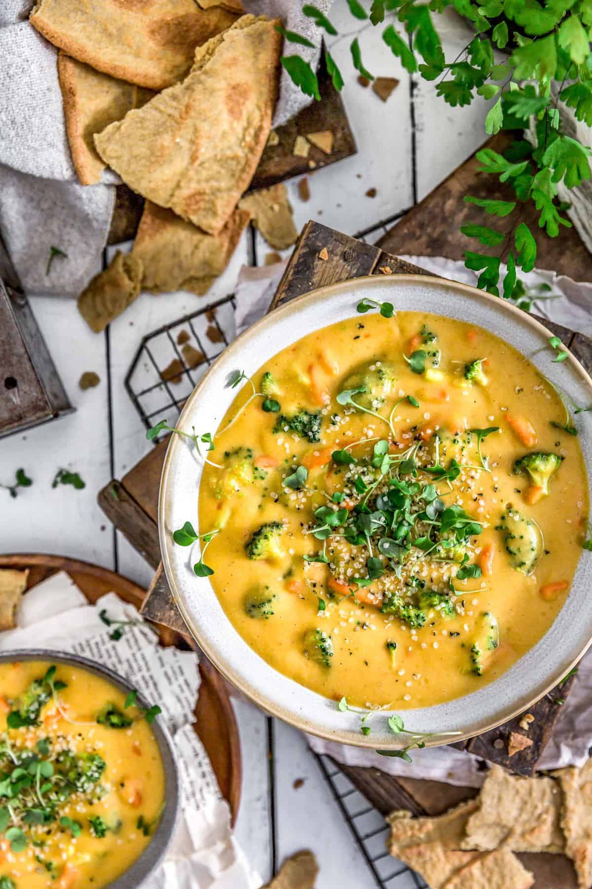 tablescape of vegan broccoli cheese soup