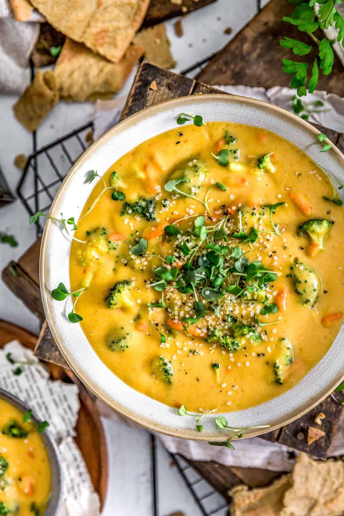 close up of vegan broccoli cheese soup