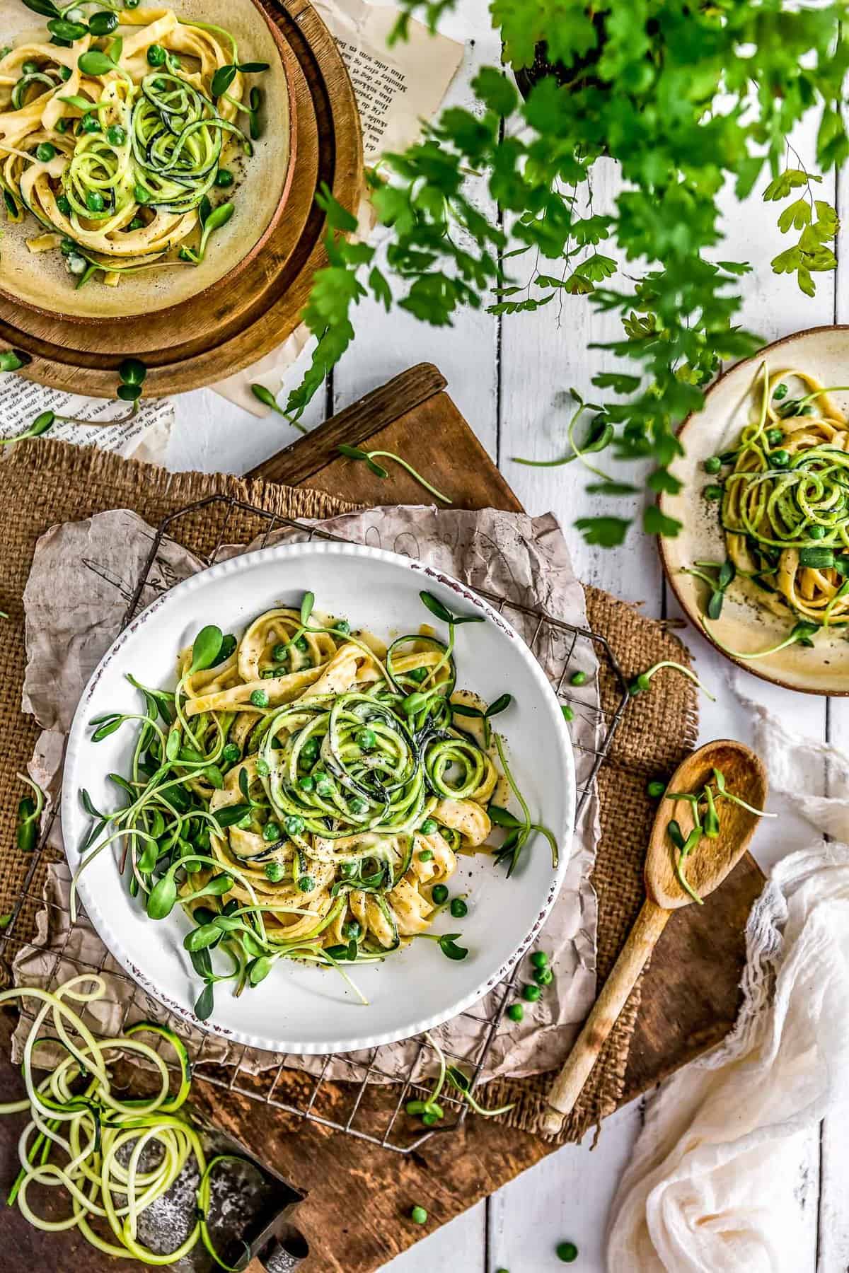 Tablescape of Vegan Cashew Alfredo Sauce with pasta