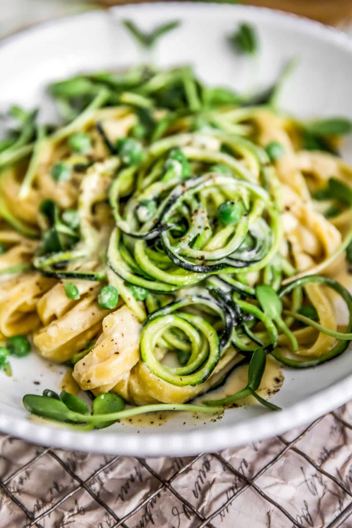 Close up of Vegan Cashew Alfredo Sauce with pasta