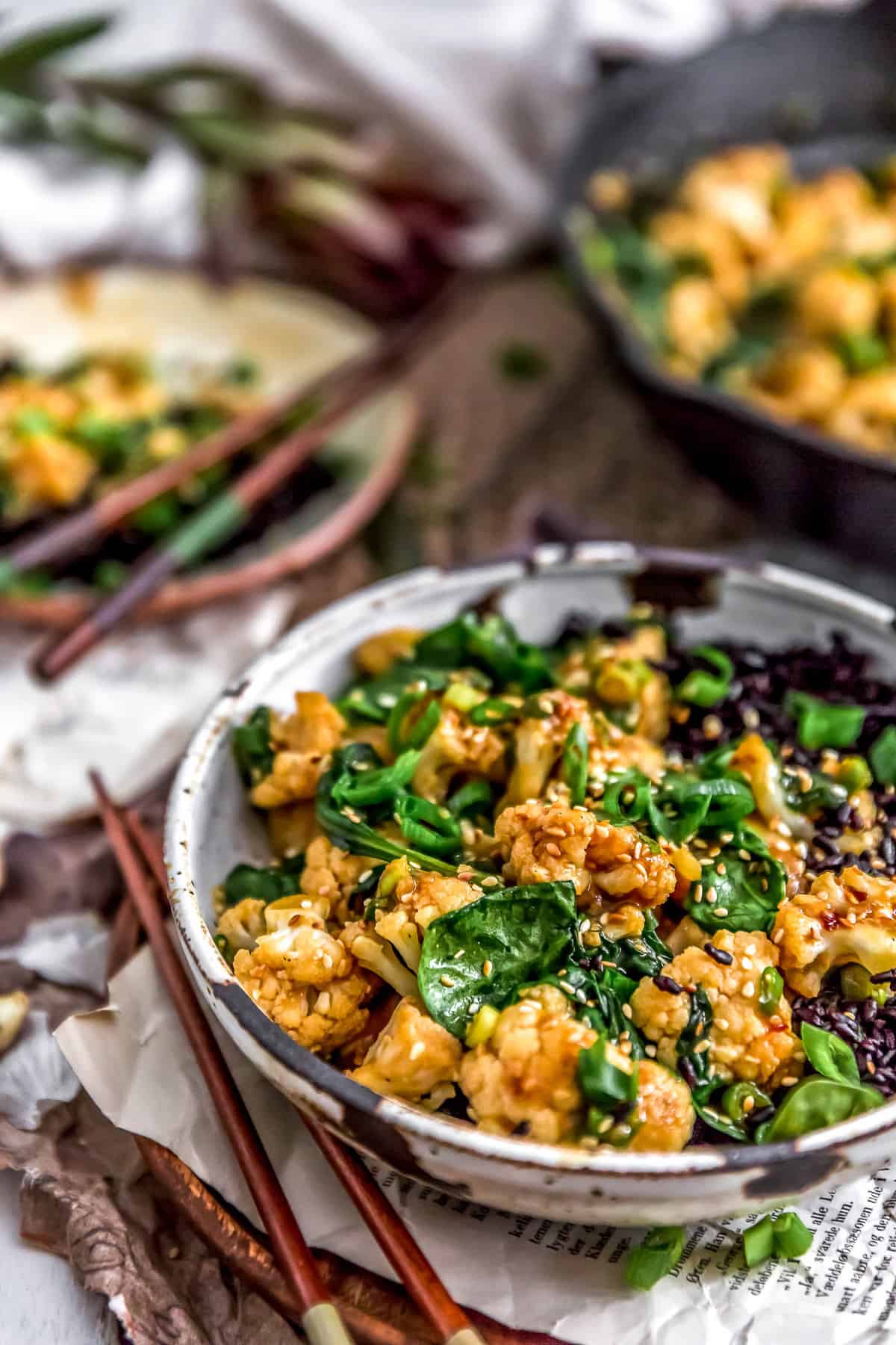 Close up of Vegan Korean BBQ Cauliflower in a bowl with rice