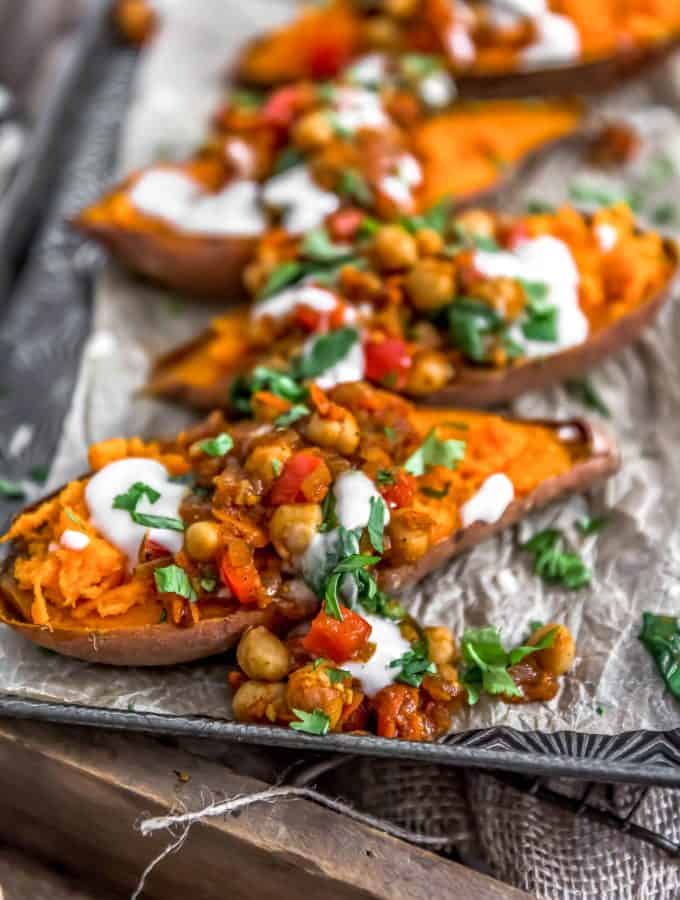 Moroccan Spiced Chickpeas and Garlic Sauce over Sweet Potatoes