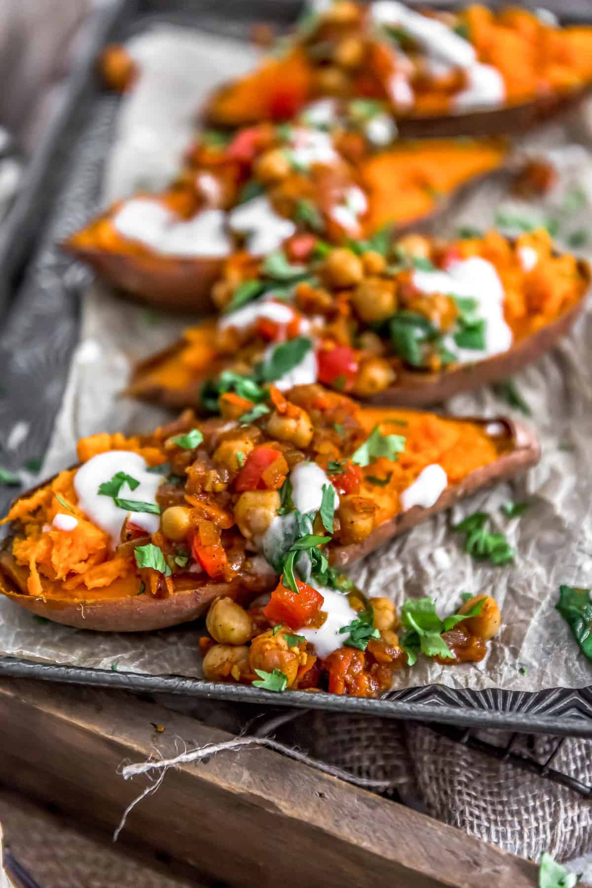 Moroccan Spiced Chickpeas and Garlic Sauce over Sweet Potatoes