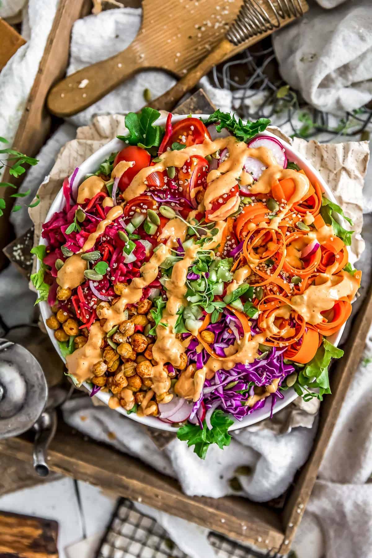 Veggie bowl topped with Oil Free Vegan Thousand Island Dressing