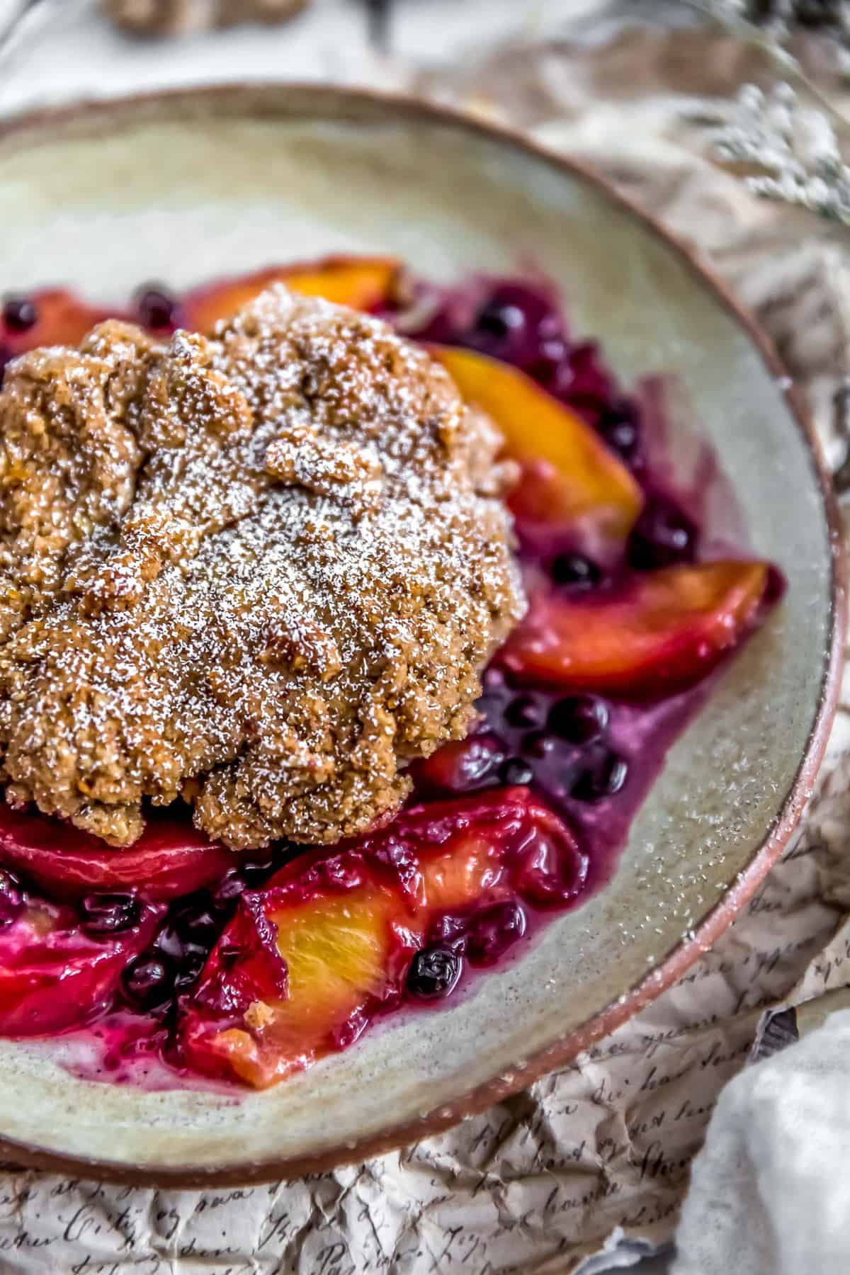 Peach Blueberry Biscuit Cobbler close up