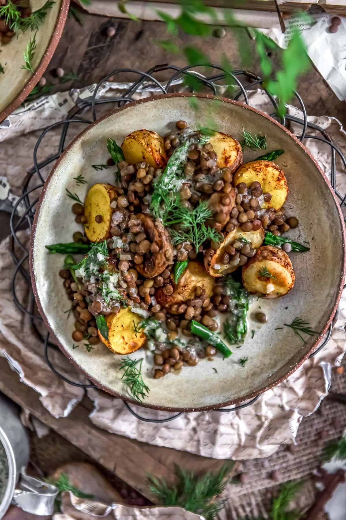 Plated Roasted Potatoes with Seasoned Lentils and Dill Sauce