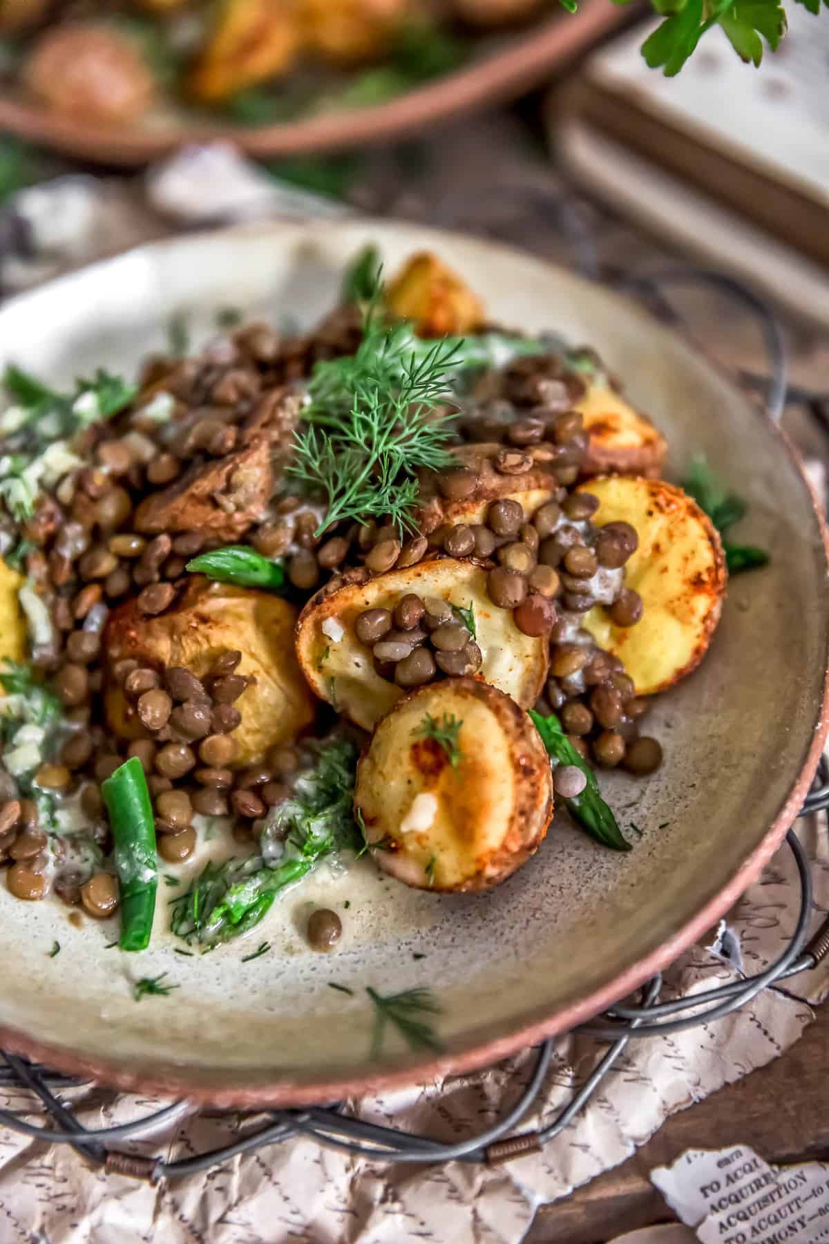 Roasted Potatoes with Seasoned Lentils and Dill Sauce