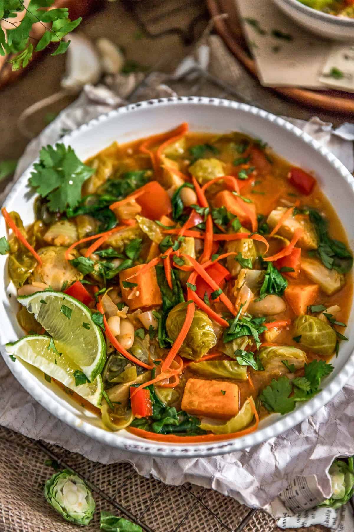 Thai Curry Brussel Sprout Soup in a bowl