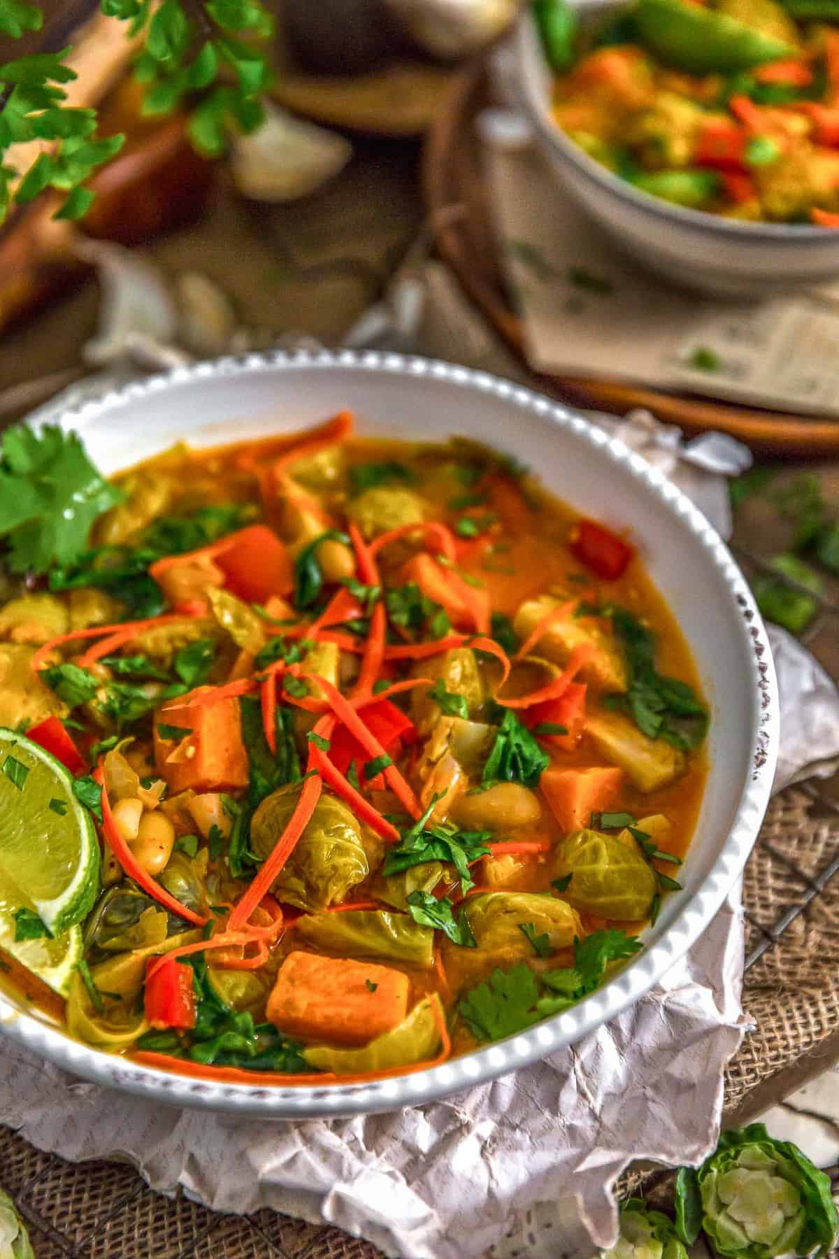 Thai Curry Brussel Sprout Soup in a bowl