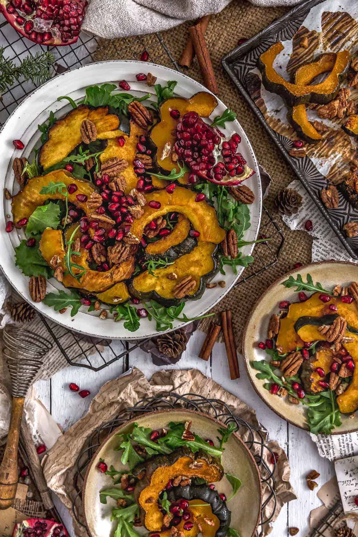 Tablescape of Roasted Maple Glazed Acorn Squash with Cinnamon Pecans