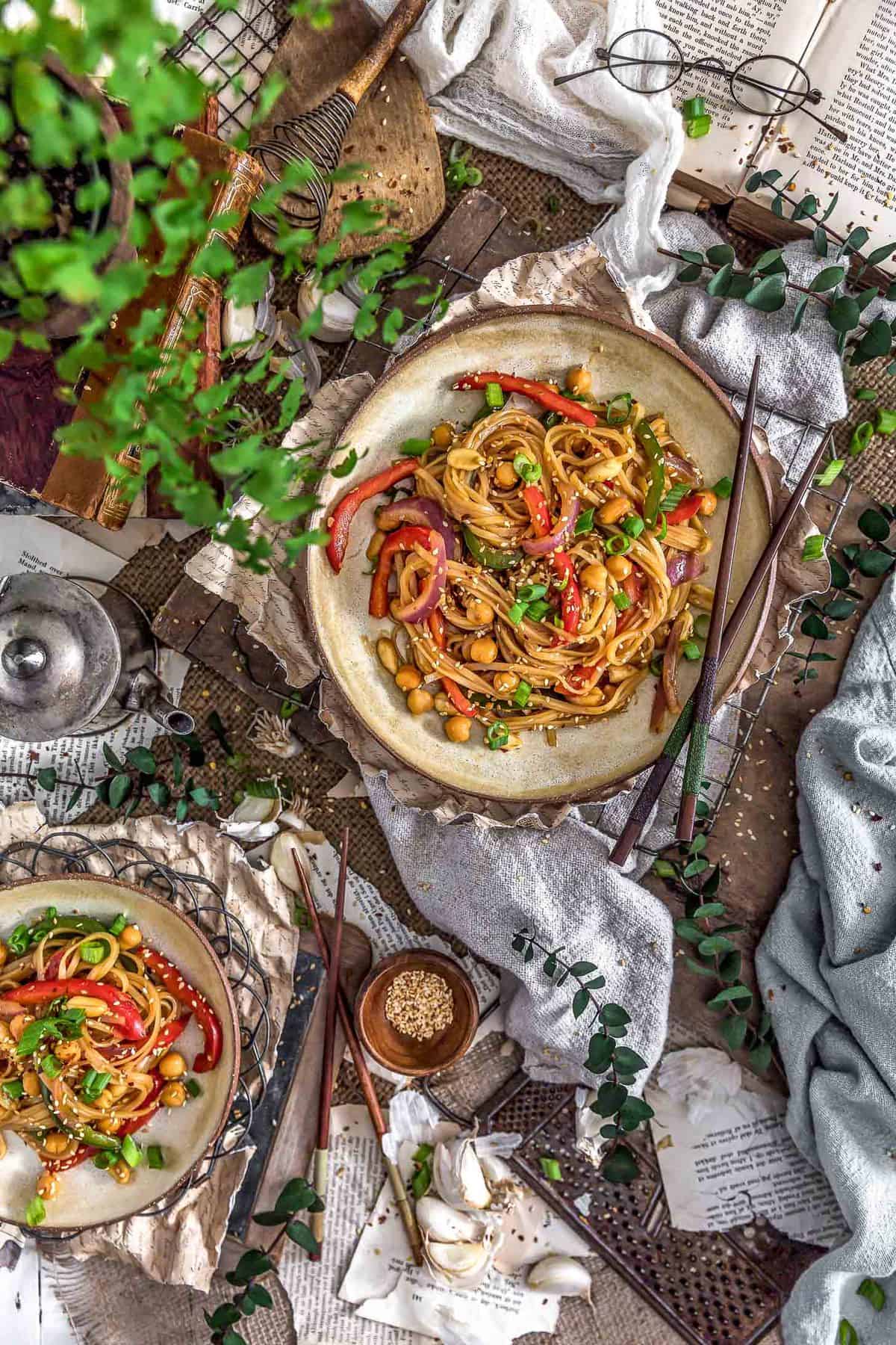 Tablescape of Vegan Kung Pao Noodles