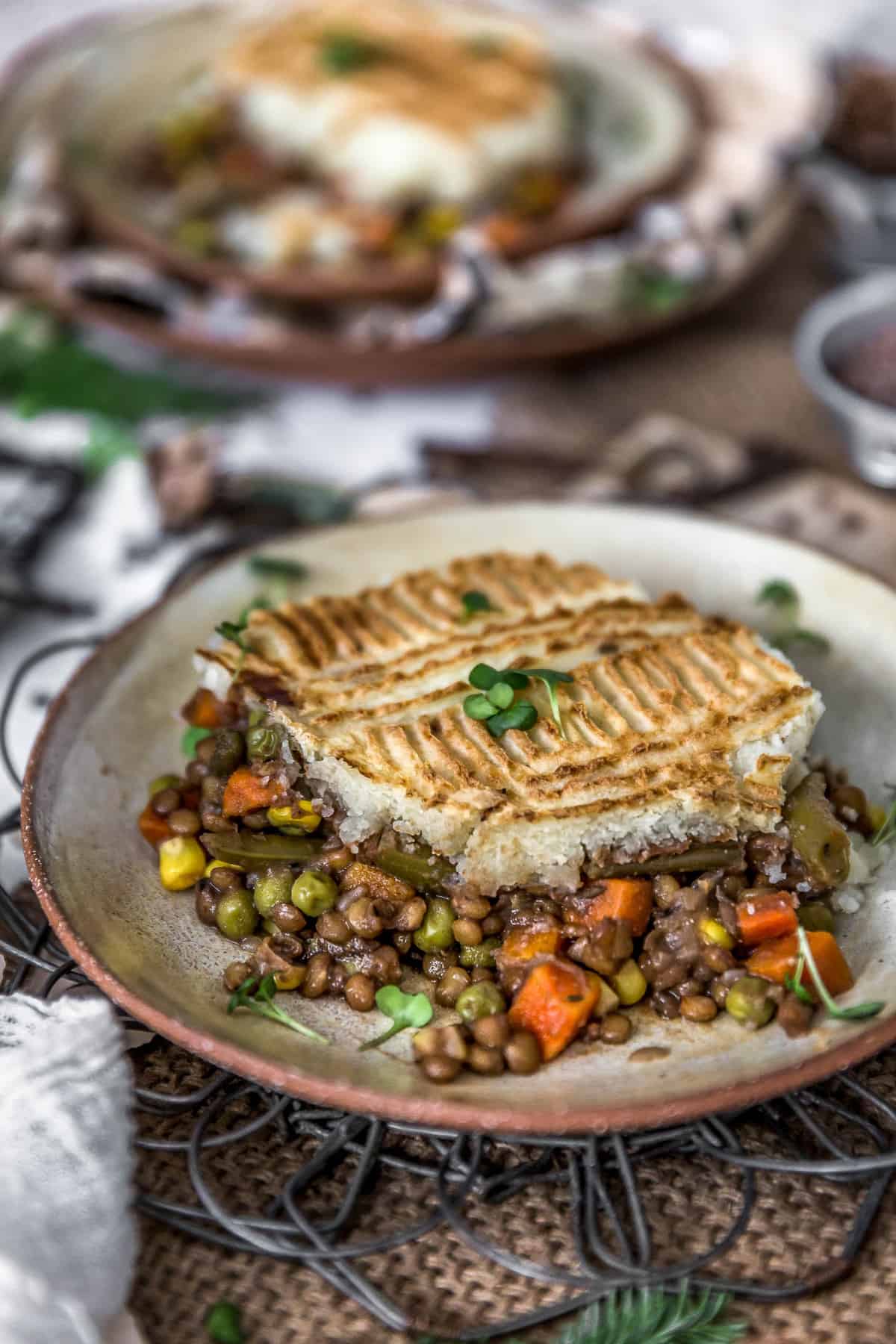 Close up of Vegan Lentil Shepherds Pie