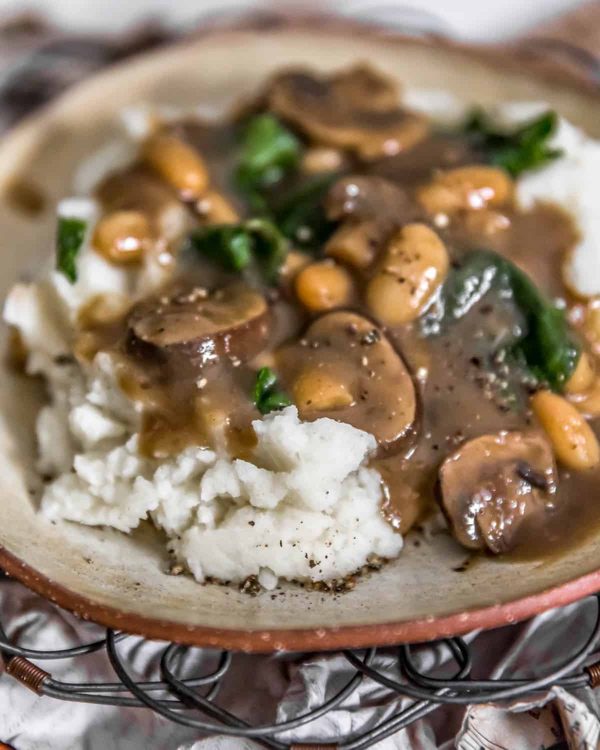 Vegan Mushroom Spinach Stroganoff with mashed potatoes