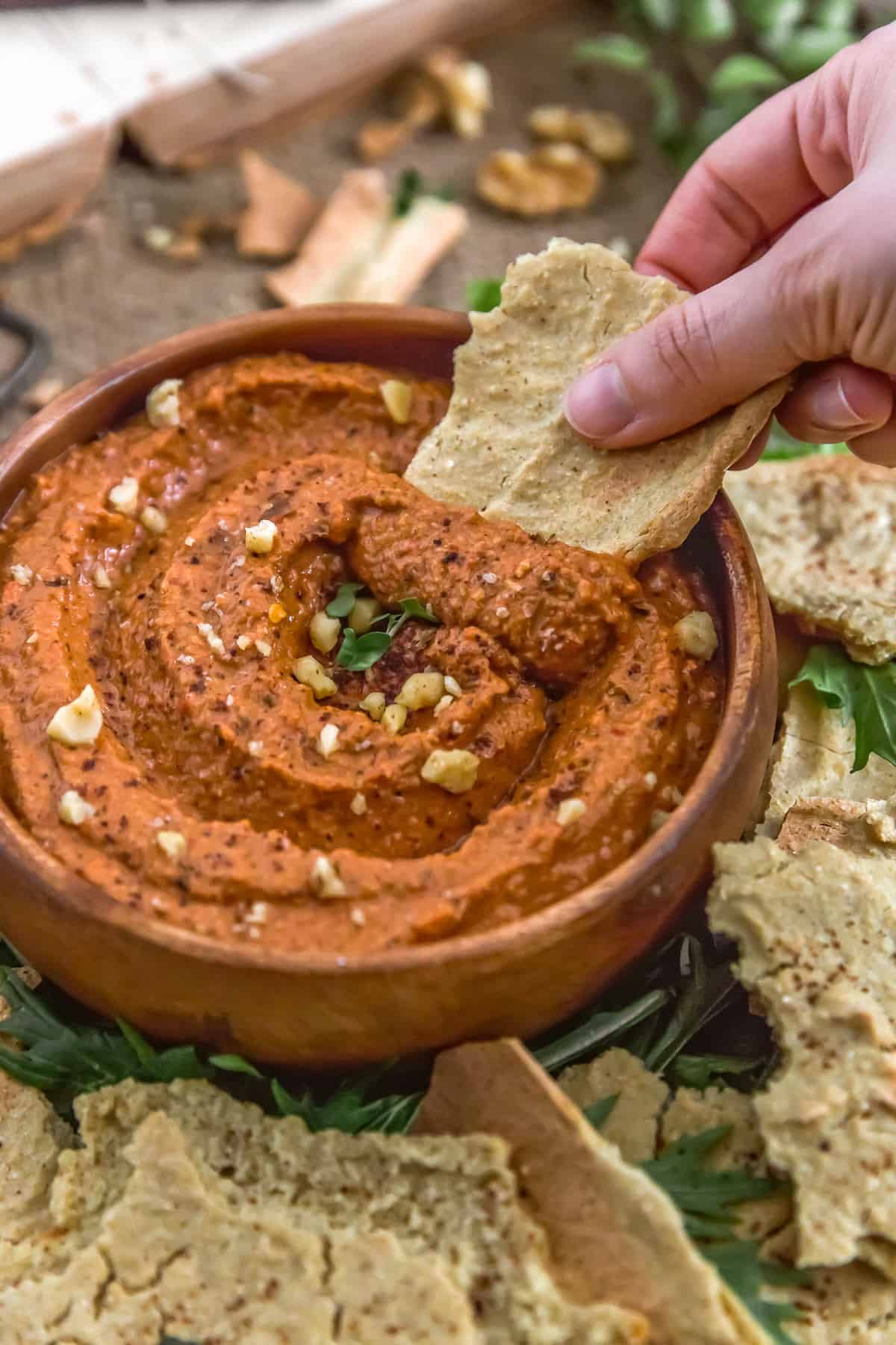 Eating Roasted Red Pepper Walnut Dip (Muhammara)