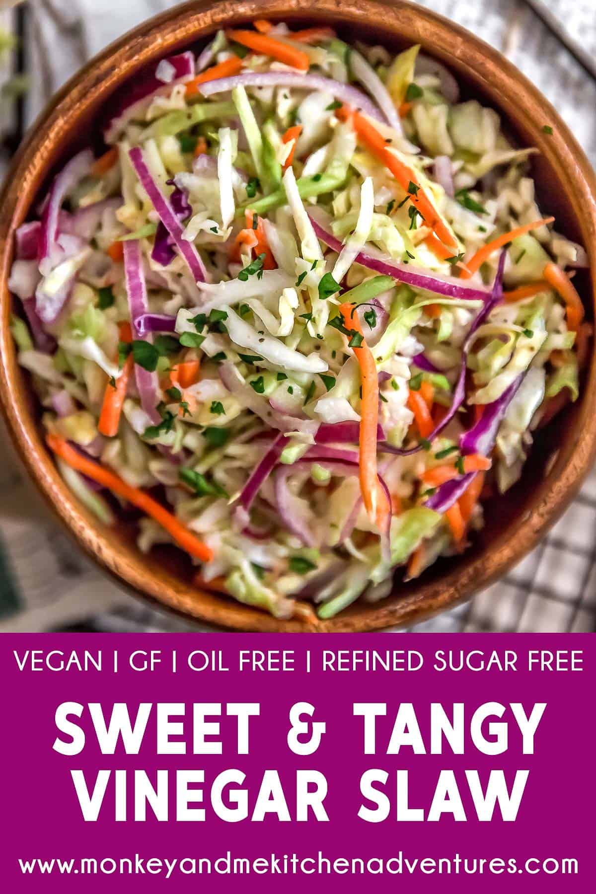 Sweet and Tangy Vinegar Coleslaw with text description