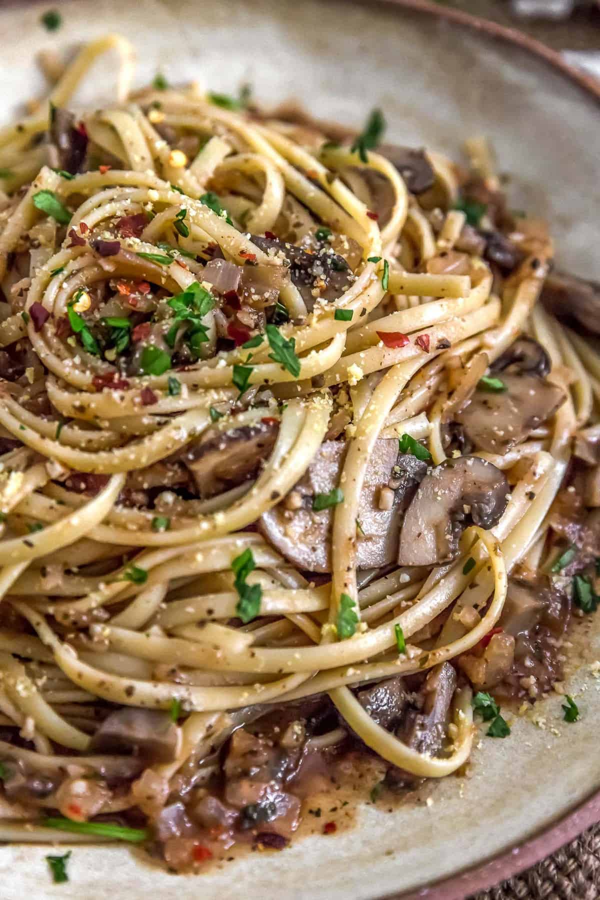 Close up of Vegan Linguini with Red Clam Sauce