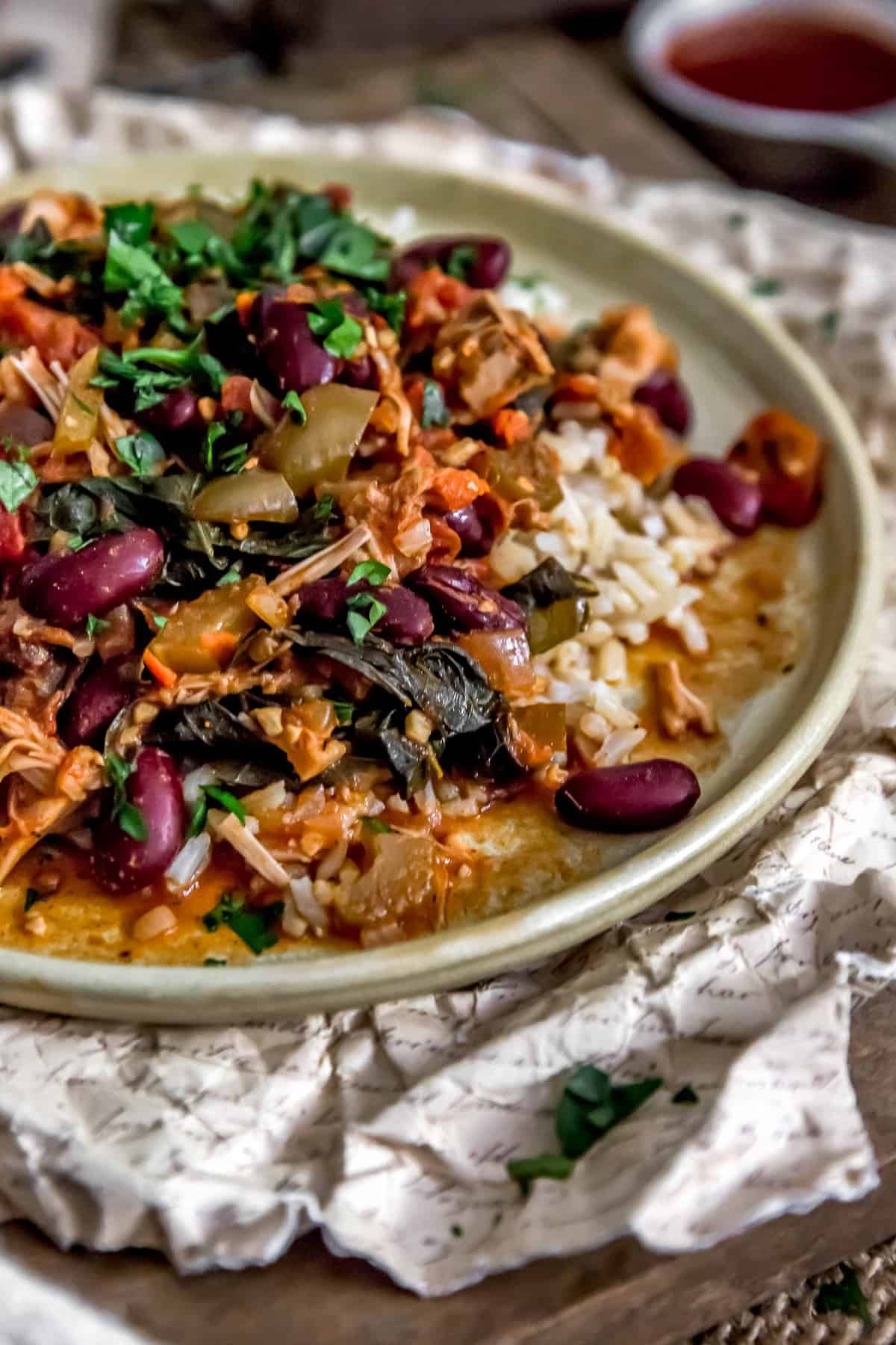 Plate of Cajun Jackfruit and Collard Greens