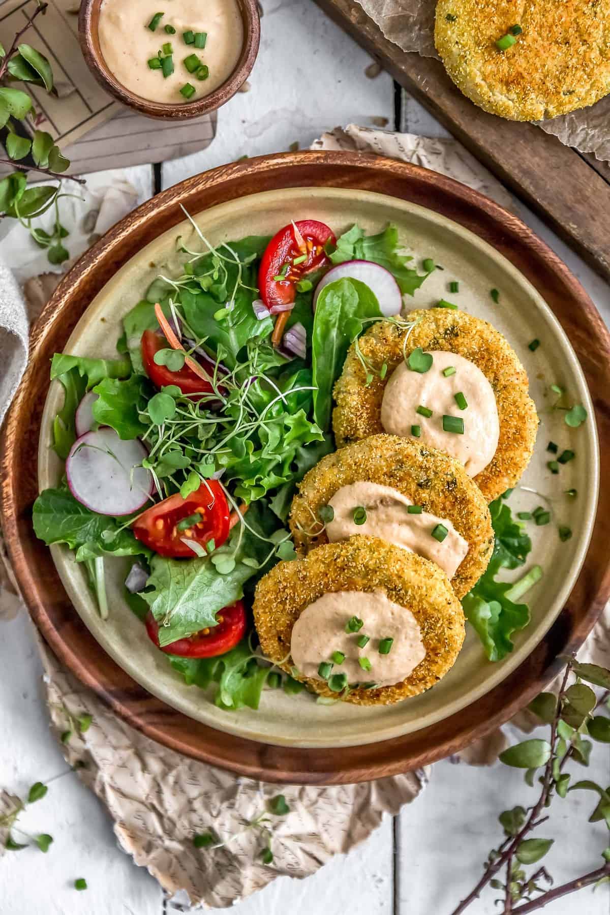 Plate of Healthy Mashed Potato Patties with Tangy Garlic Aioli