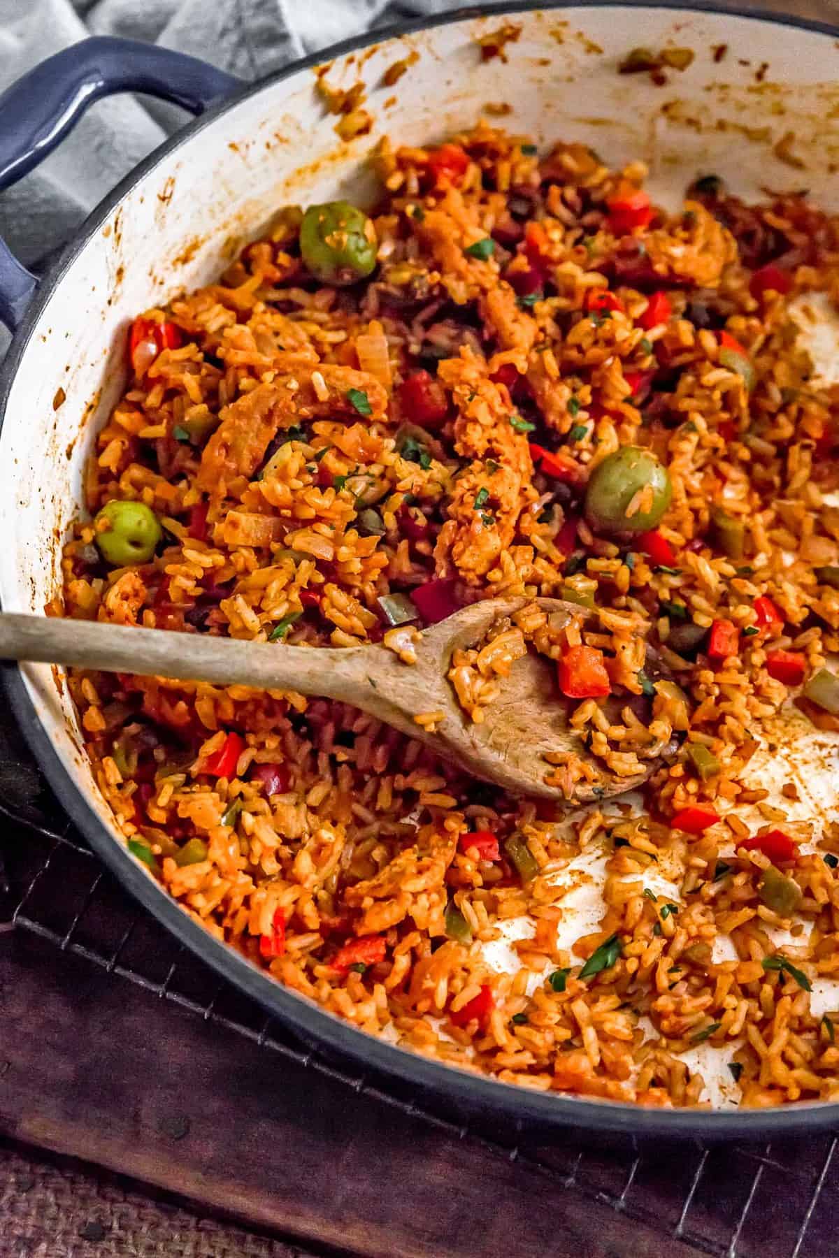 Close up skillet of Vegan Arroz on Pollo