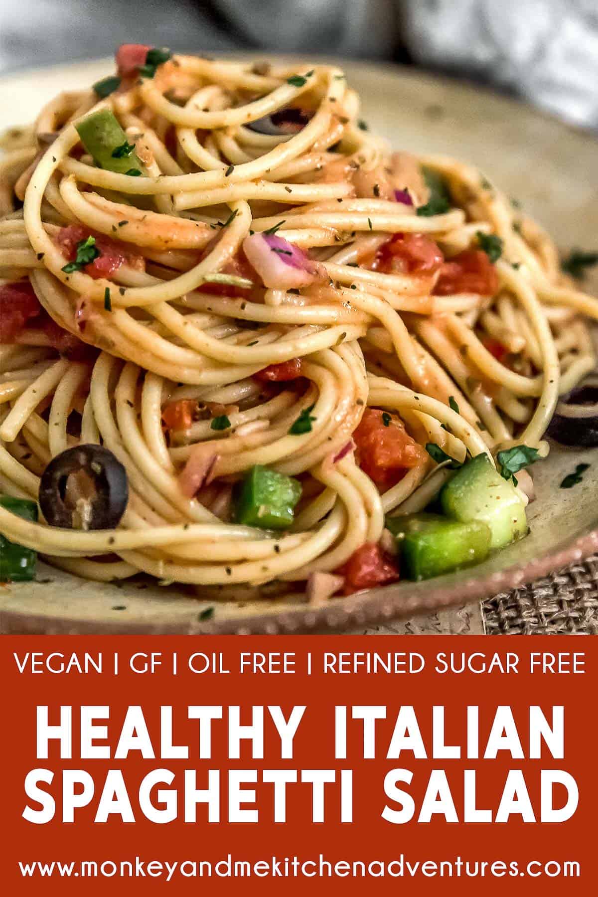 Healthy Italian Spaghetti Salad with text description