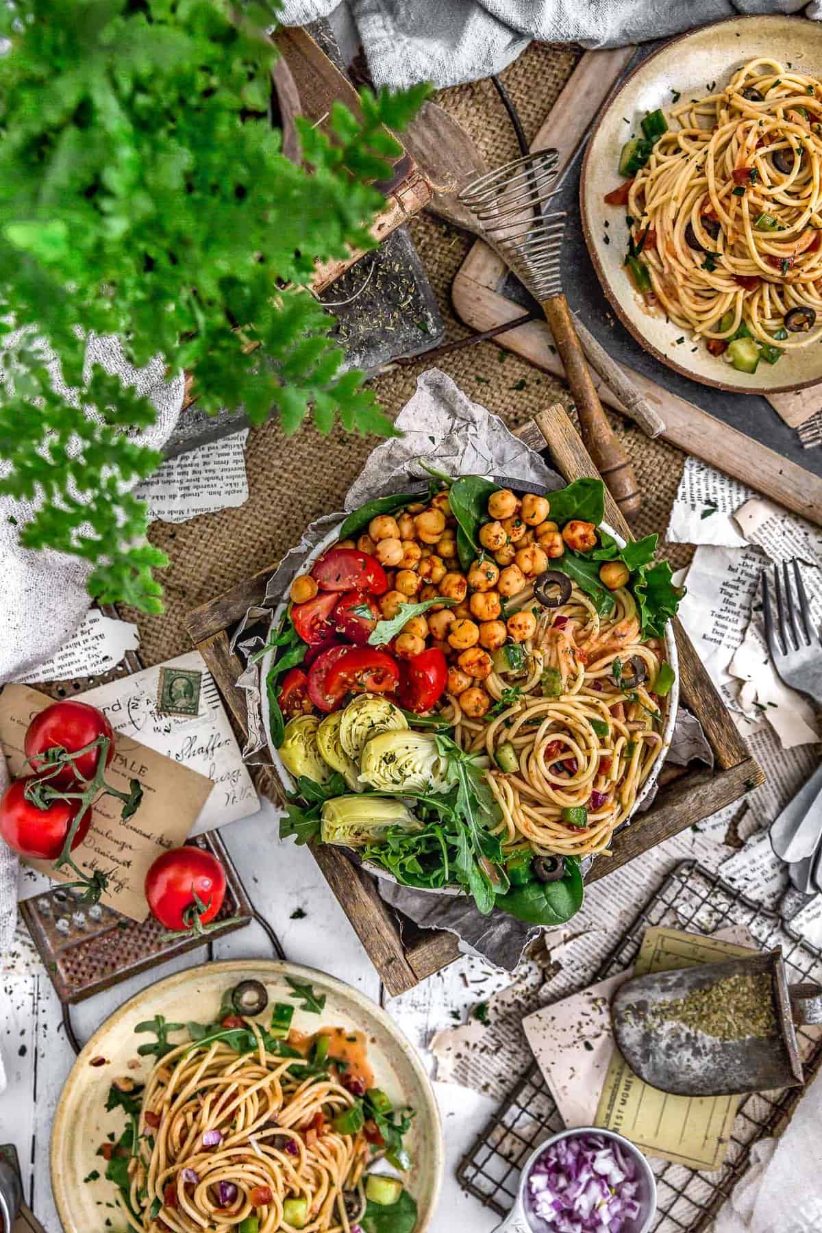 Tablescape of Healthy Italian Spaghetti Salad