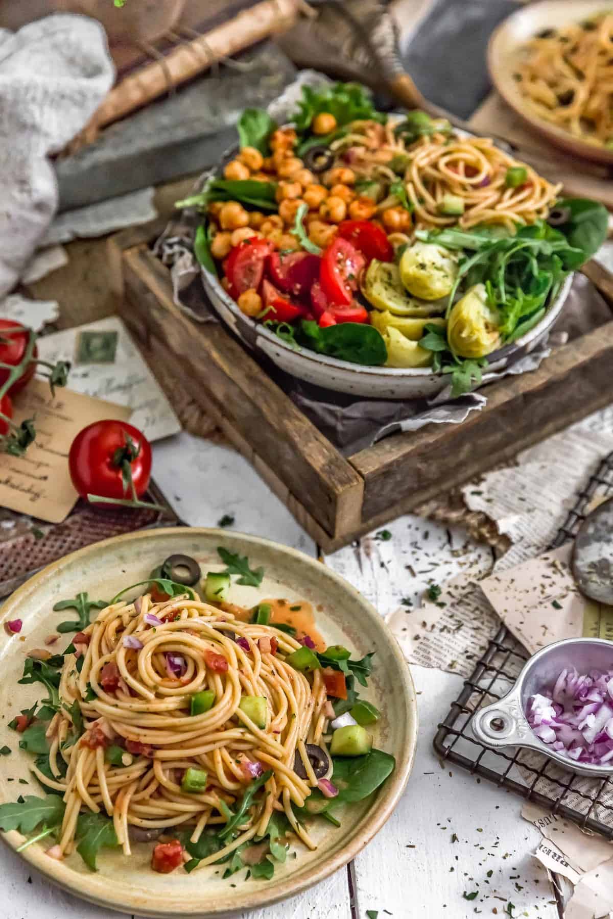 Healthy Italian Spaghetti Salad in three bowls