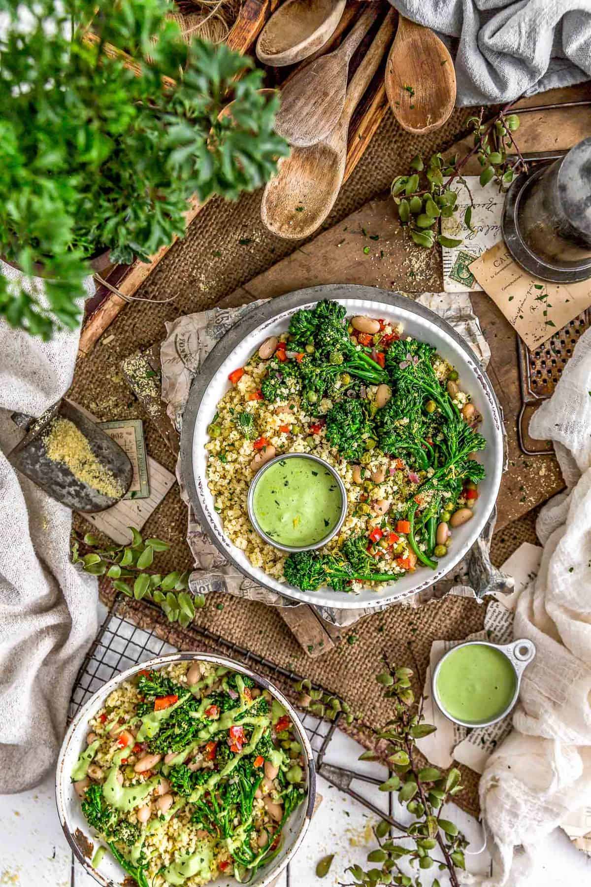 Tablescape of Italian Broccolini Millet Bowl with Lemony Parsley Sauce