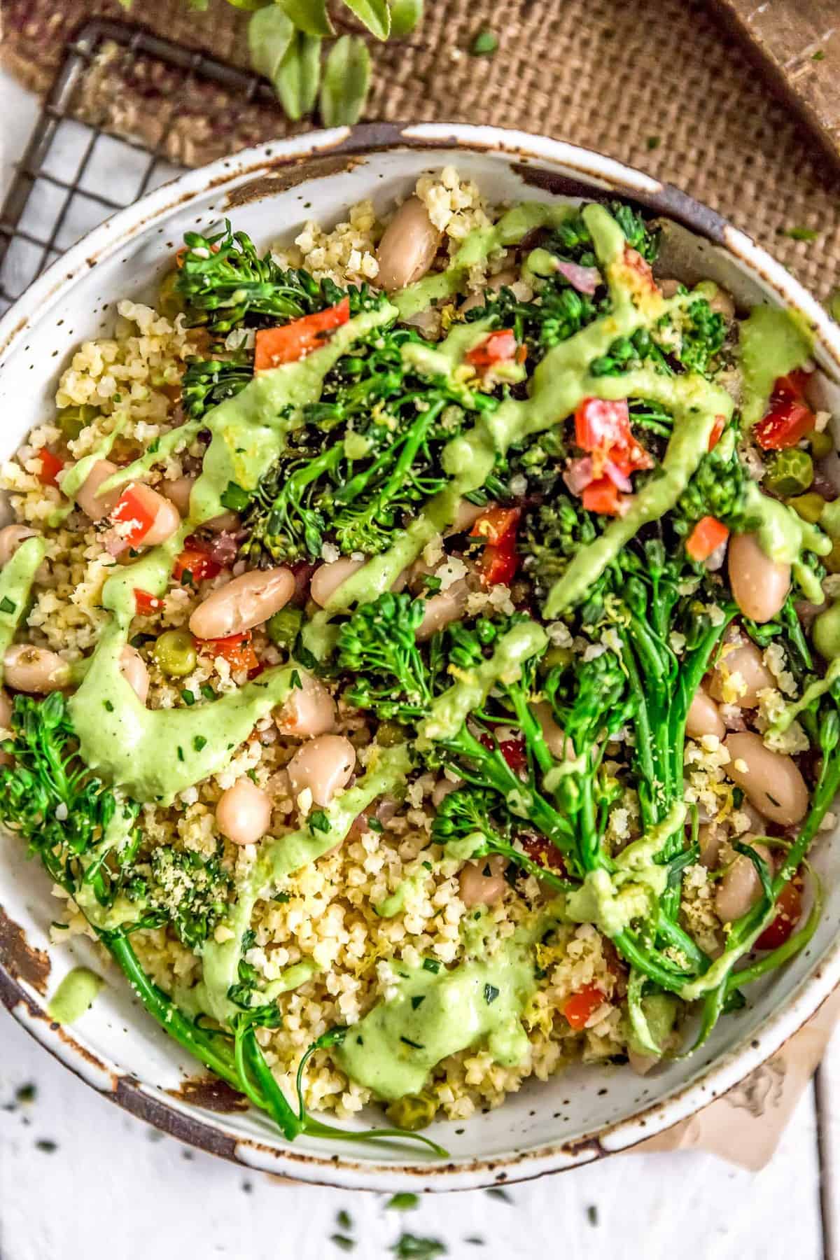 Italian Broccolini Millet Bowl drizzled with Lemony Parsley Sauce