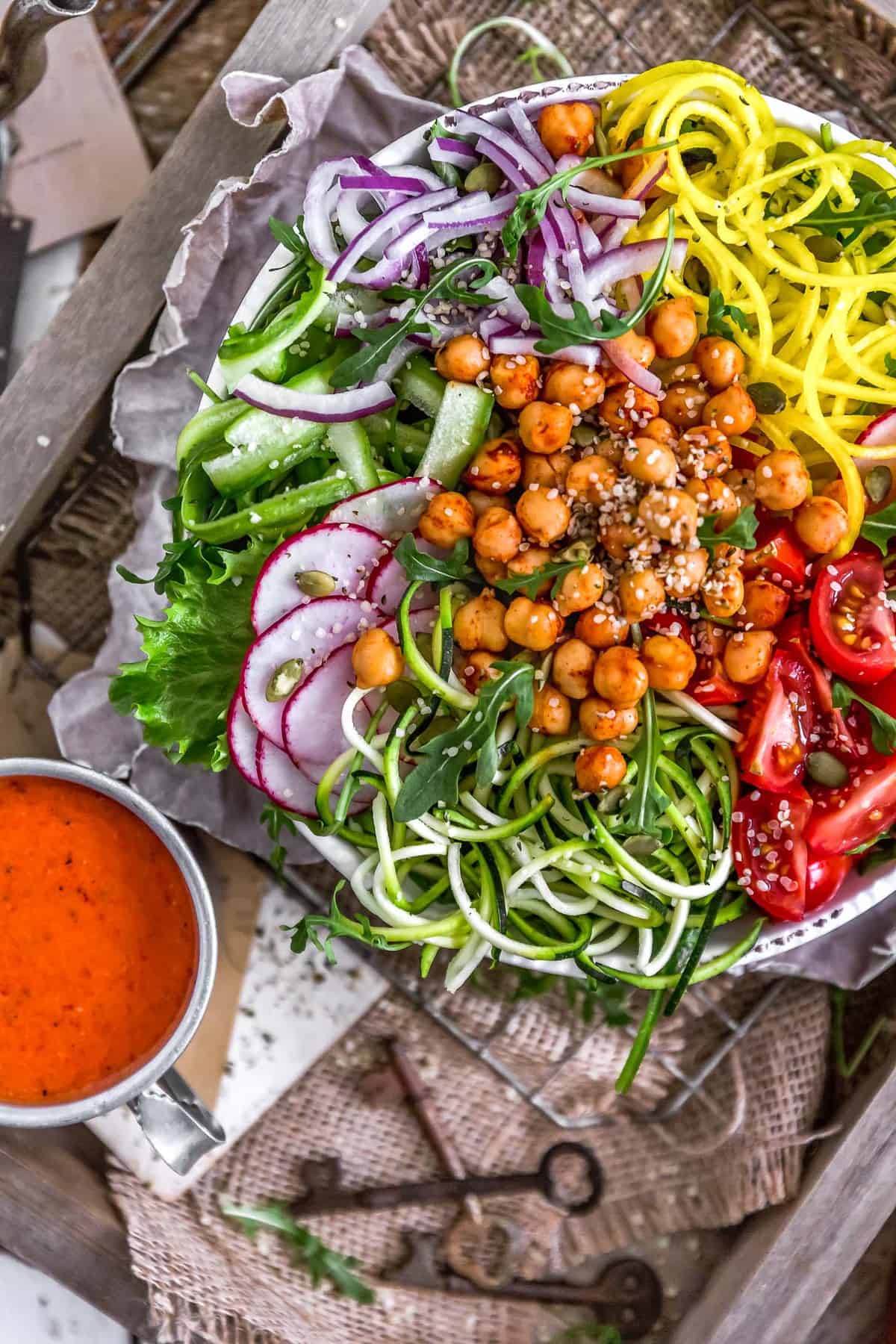 Close up of salad and Roasted Red Pepper Vinaigrette