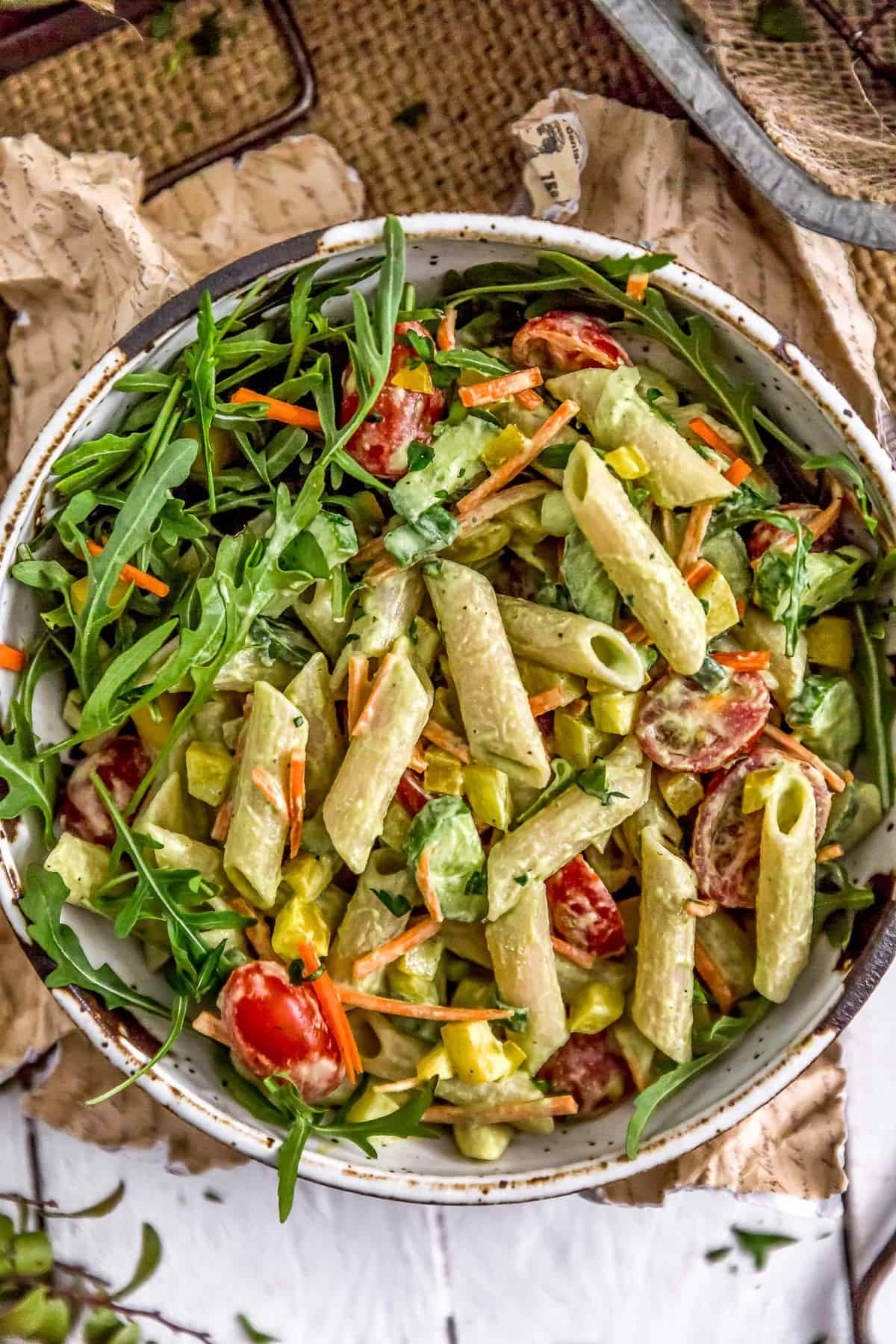 Bowl of Vegan Green Goddess Pasta Salad