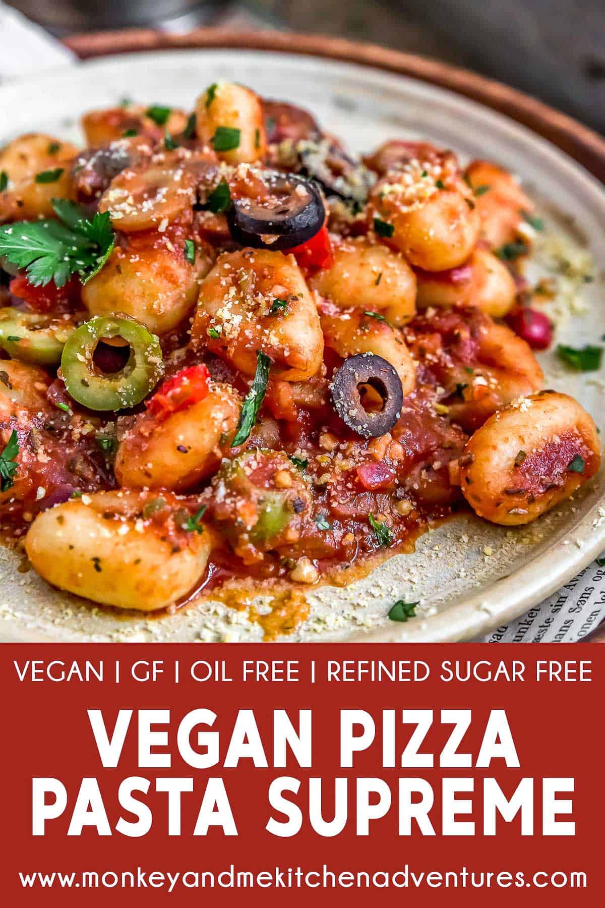 Vegan Pizza Pasta Supreme with text description