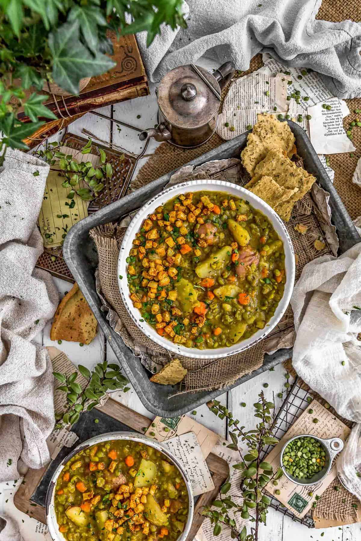 Tablescape of Vegan Split Pea Potato Soup