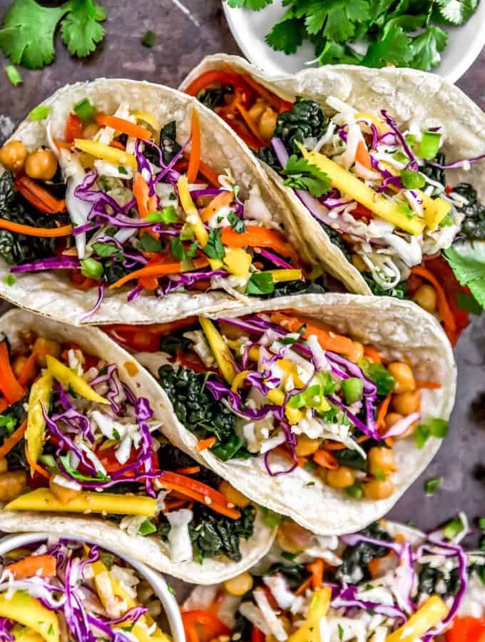 Close up of Asian Rainbow Chickpea Tacos