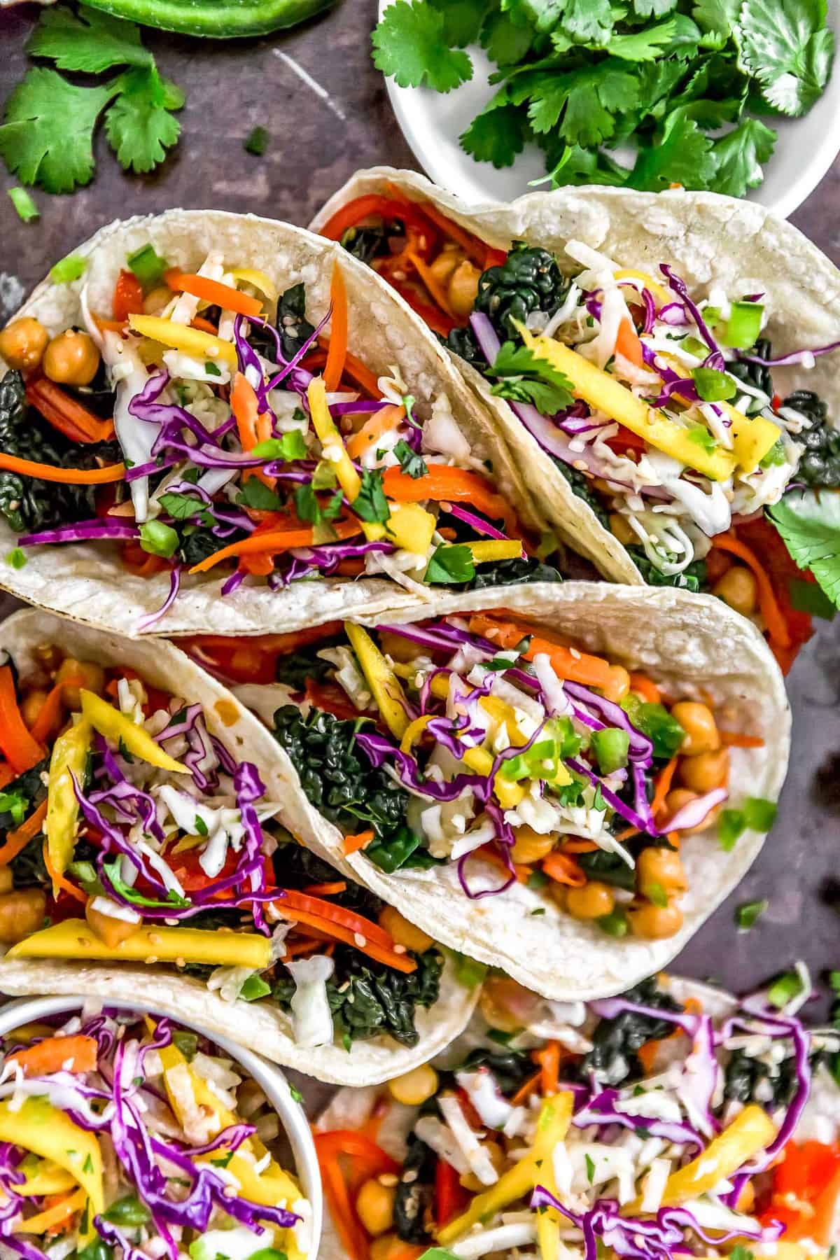 Close up of Asian Rainbow Chickpea Tacos