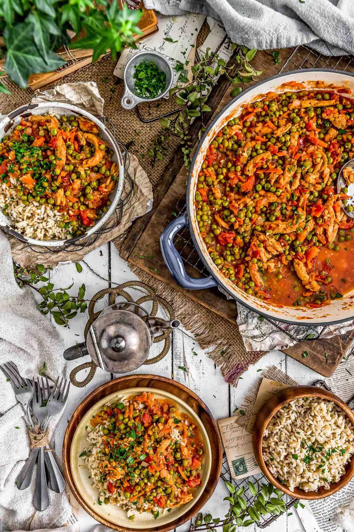 Tablescape of Lebanese Soy Curls and Pea Stew (Bazilla)