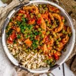 Bowl of Lebanese Soy Curls and Pea Stew (Bazilla) over rice