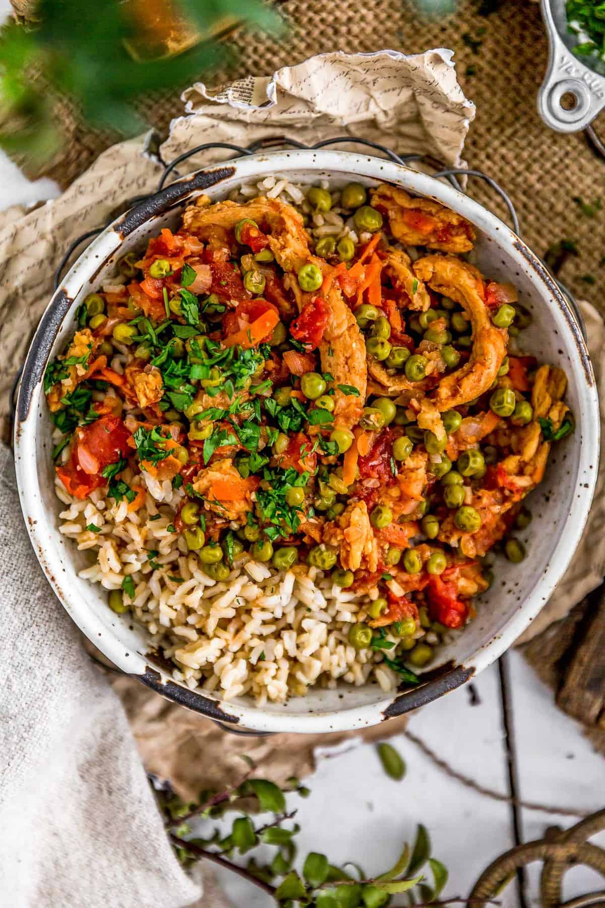 Bowl of Lebanese Soy Curls and Pea Stew (Bazilla) over rice