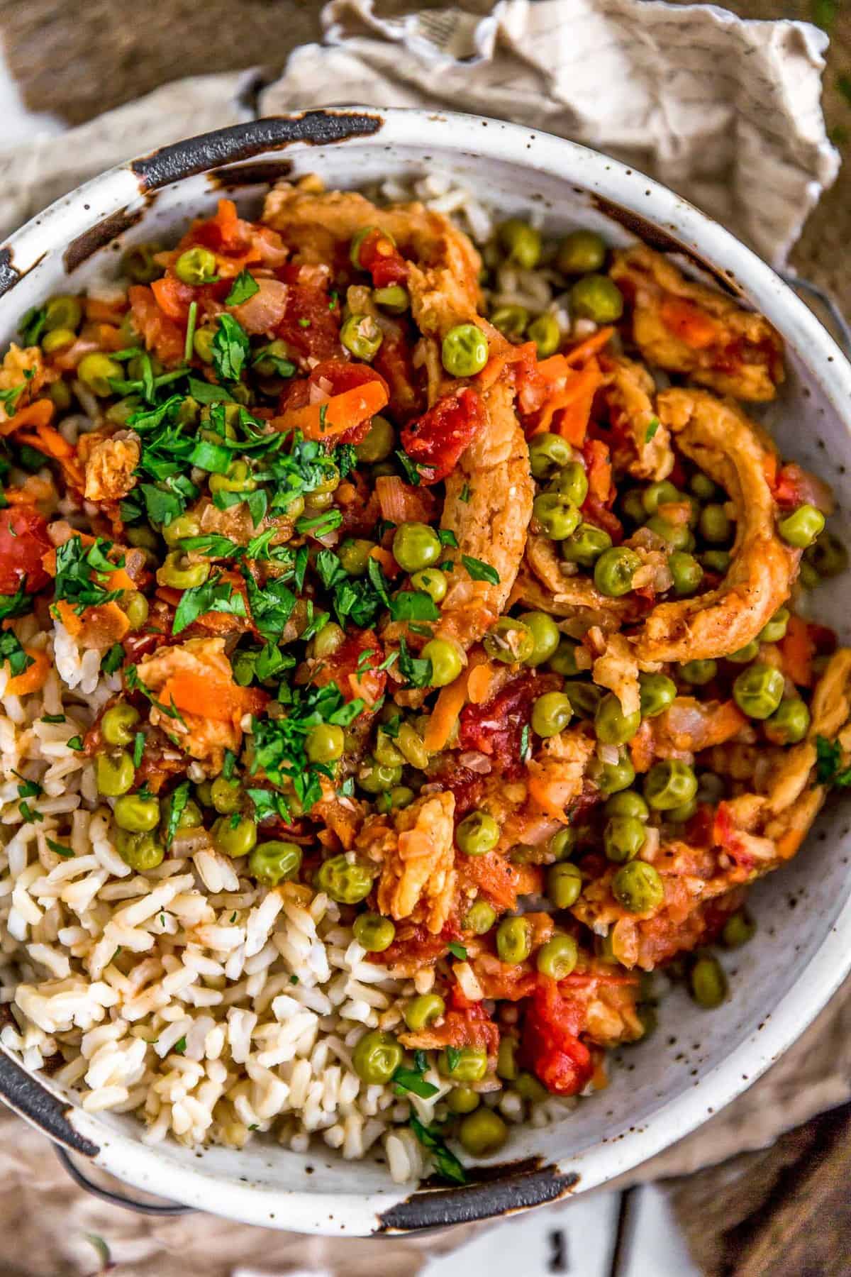 Close up of Lebanese Soy Curls and Pea Stew (Bazilla)