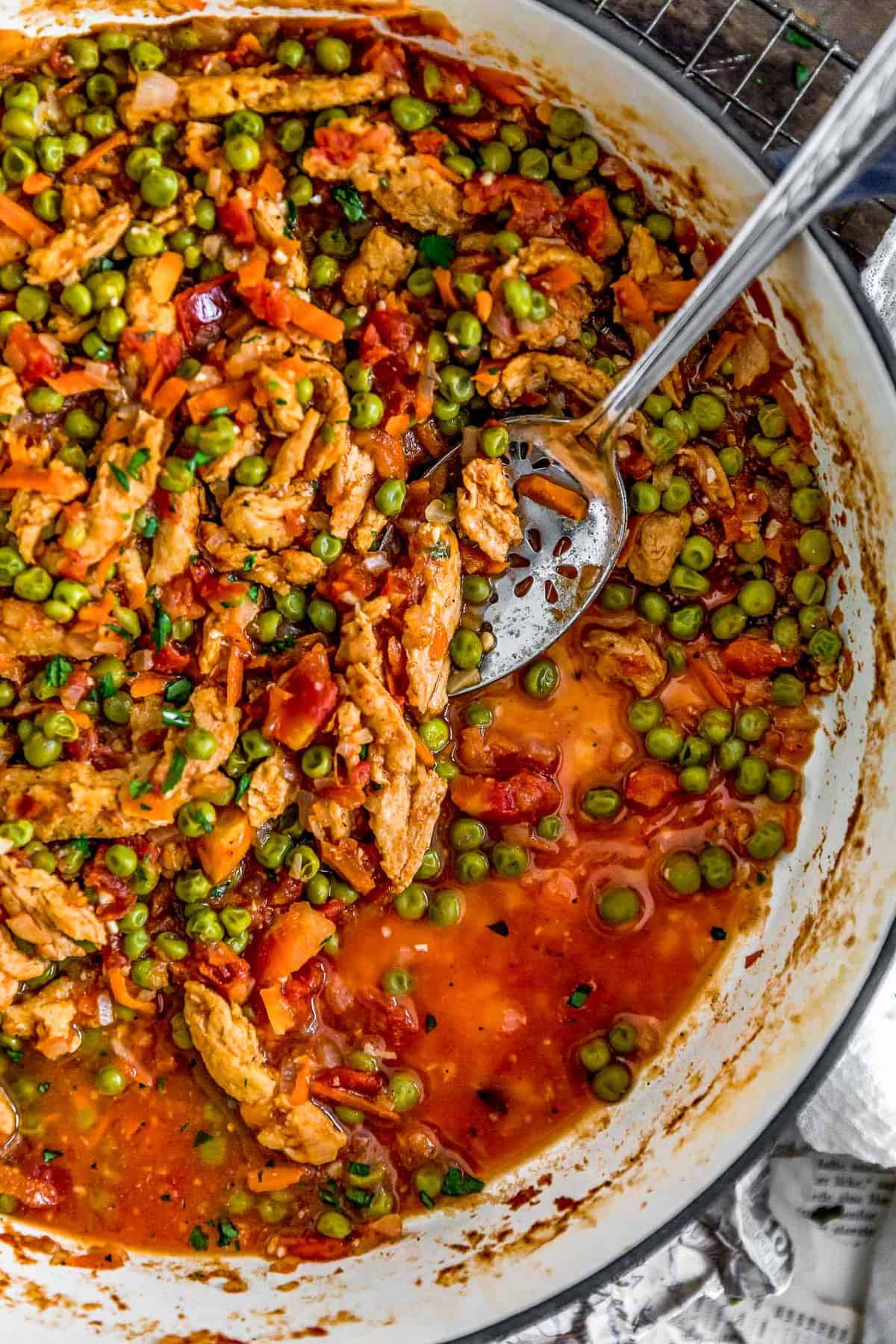 Close up pot of Lebanese Soy Curls and Pea Stew (Bazilla)
