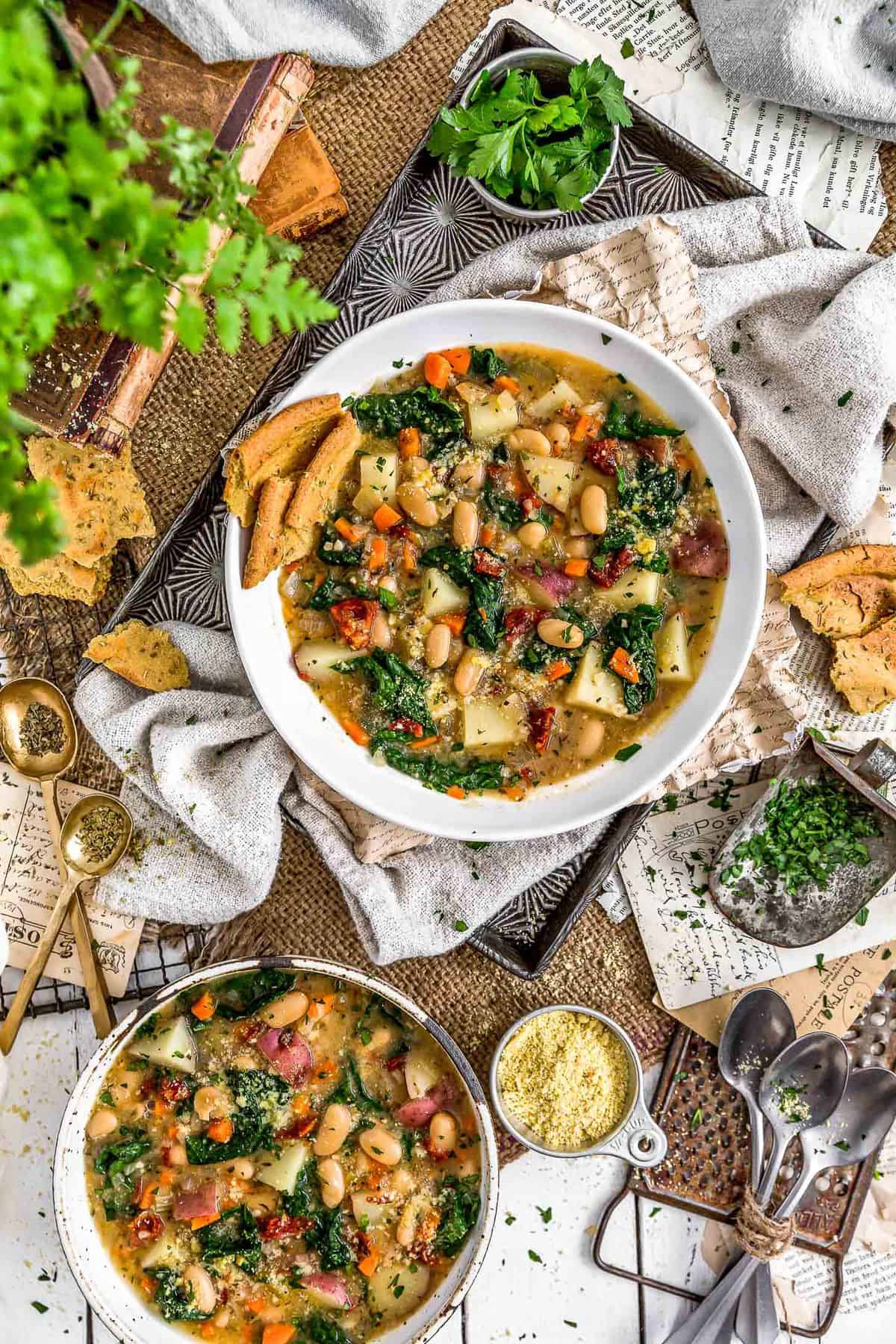 Tablescape of Tuscan Kale Potato Bean Soup